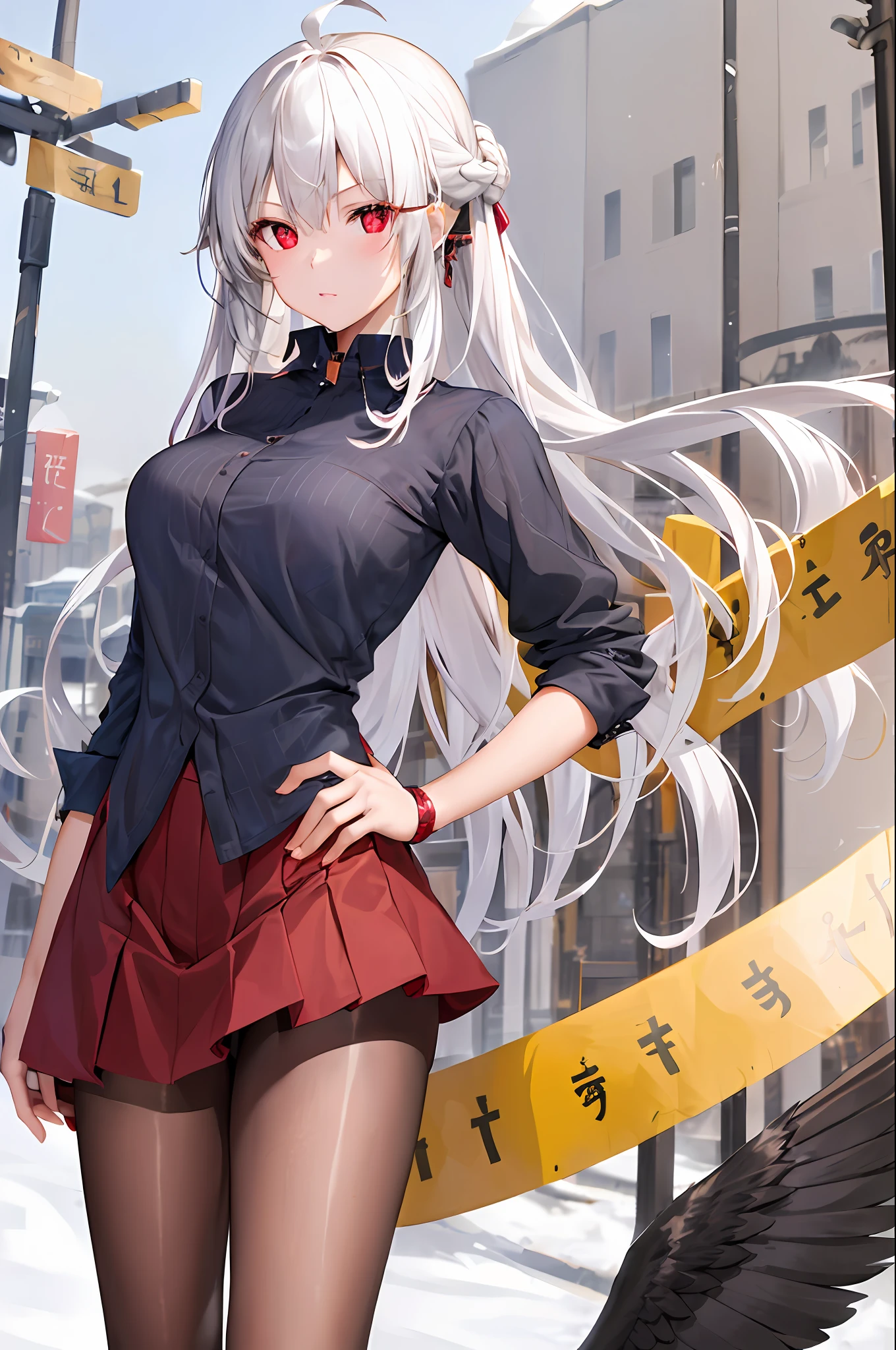 1girl, (8k, best quality, master:1.2), ), solo,1girl,bishoujo,stare,red eyes,beautiful detailed eyes,long hair,white hair,silver_hair,hair wings,ahoge,Hair rings,braid, cold ultra-detailed, lacepantyhose, Long shots, beatiful background,,The shirt,a skirt, .