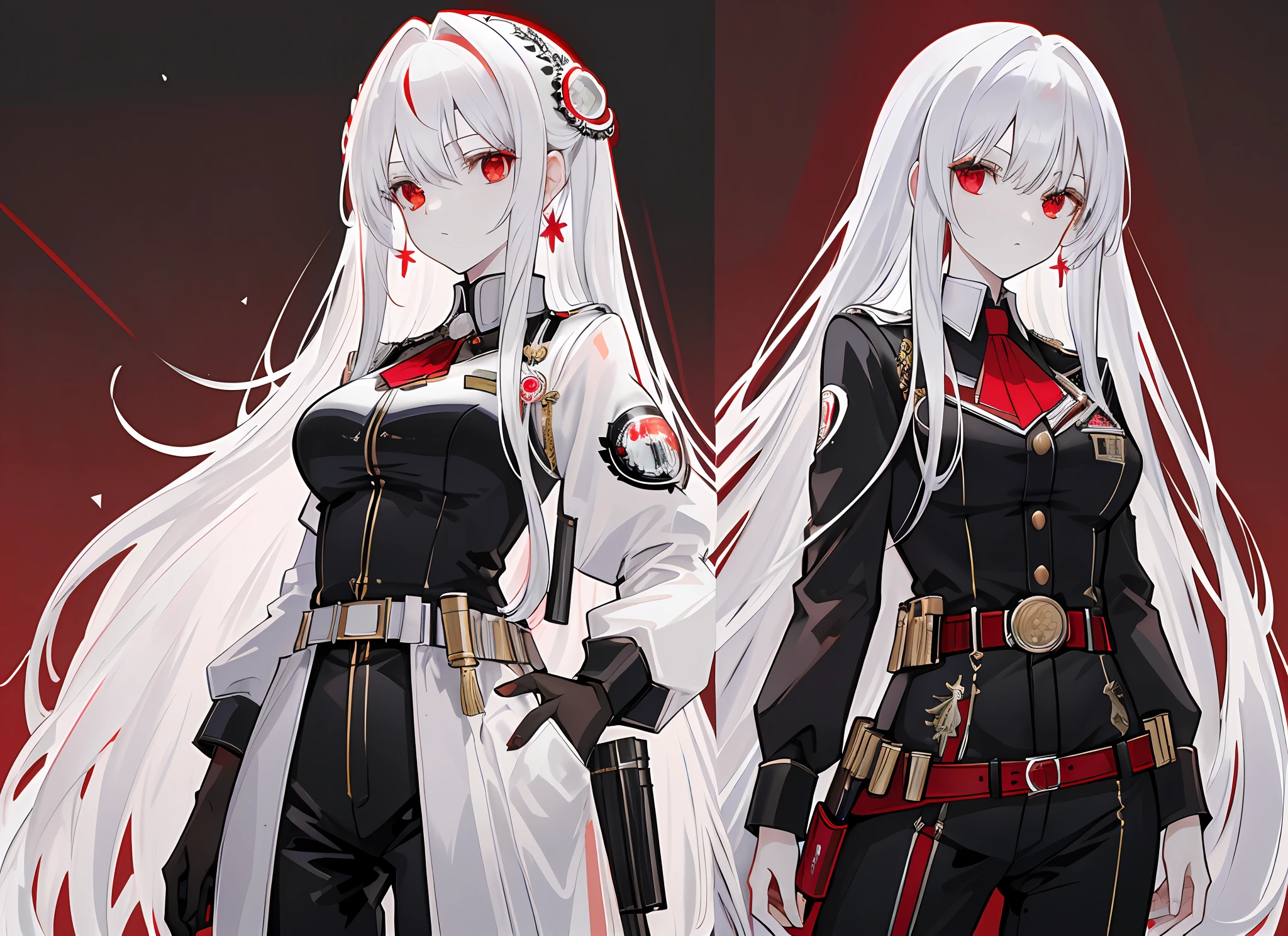 masterpiece,(bestquality),highlydetailed,ultra-detailed,pale,red eyes,white hair:1, long hair,hair rings,pistol:Desert Eagle Semi-automatic pistol,black bodysuit,medium bust,high and cold expression, belt wrapping, dagger decoration,. Multiple views of the same character in the same outfit,
