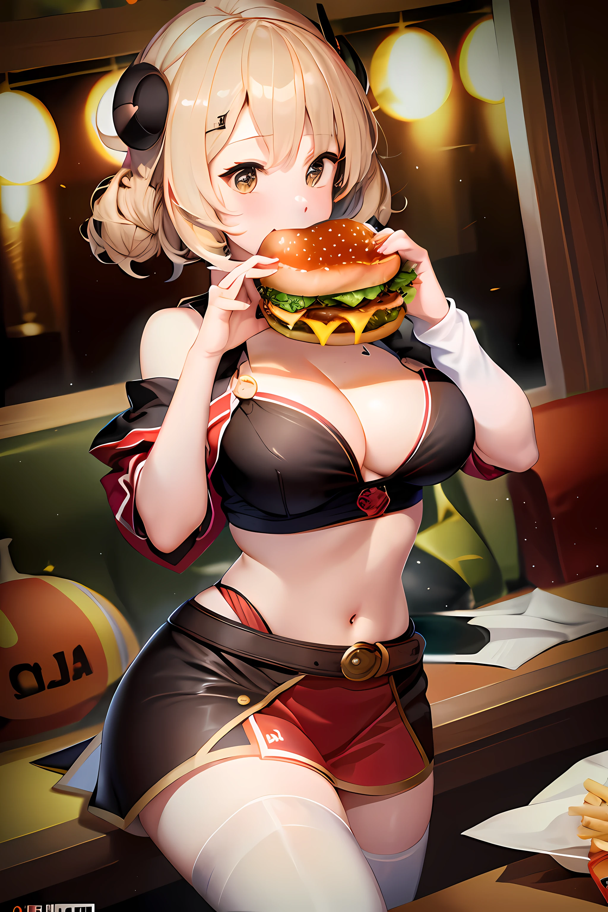 masterpiece、Ultra-high quality CG、1girl in、age、Beige brown hair、two-handed burger、Holding a huge hamburger in both hands、eats、cowboy shot, Photorealsitic