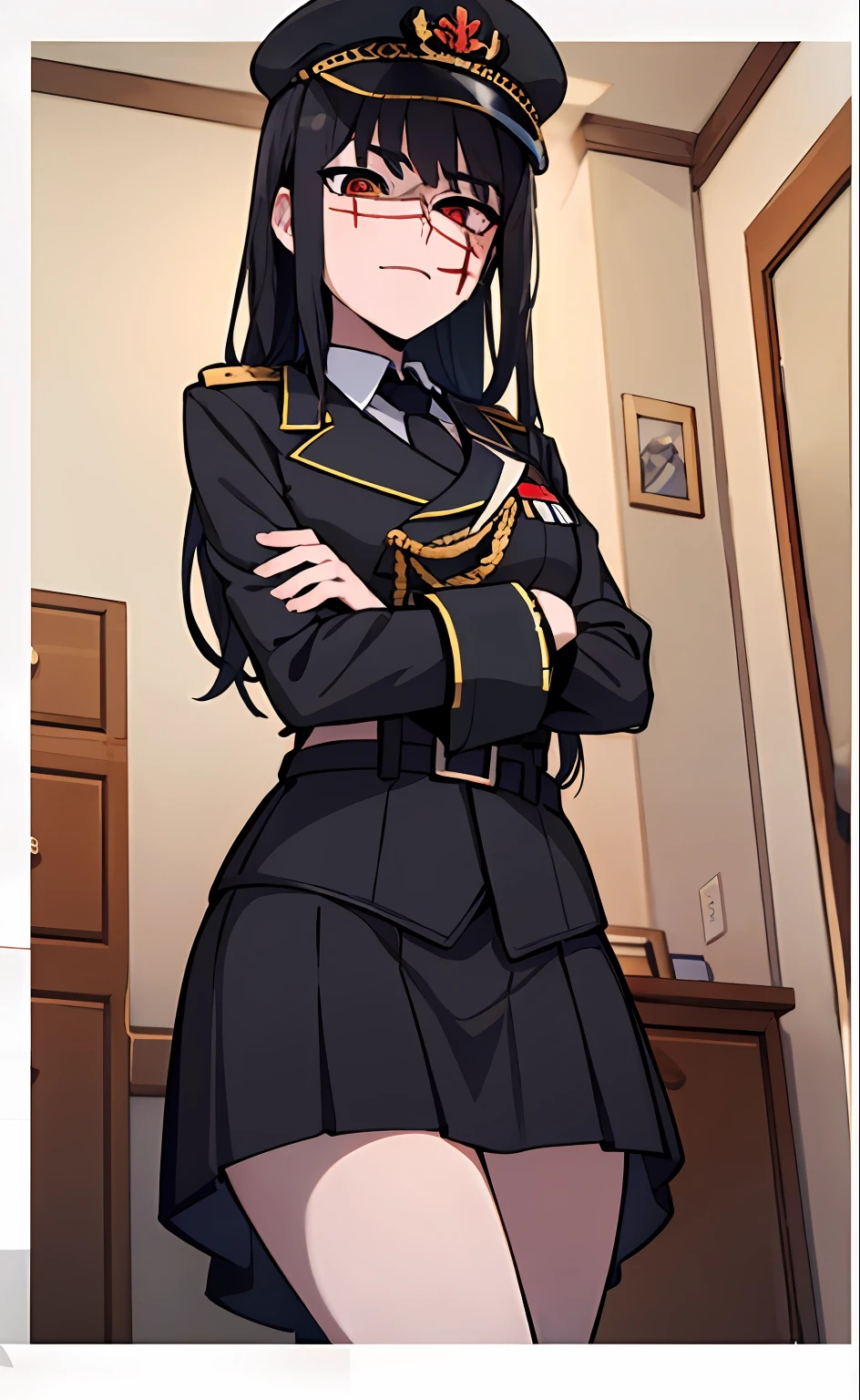 (masterpiece, best quality: 1.2), Solo, 1girl, Yoru \(Chainsaw Man\), looking at the viewer, different poses, red eye, long hair, completely black hair, reference to clothing of a German WWII general, black long sleeves (best quality), scar on face, beautiful eyes, has only 2 arms, has war medals on his clothes,  Black Military Cap, Golden Eagle Medal on Clothing, (Wallpaper), (8K HD), (8K HD), Golden Shoulder Pads, Sprites, 1 Single Design (obra maestra, mejor calidad: 1.2), Solo, 1girl, Yoru \(Chainsaw Man\), mirando al espectador, sonrisa, MALVADA, diferentes poses, ojo rojos, cabello largo, cabello completamente ?????, reference to clothing of a German general from World War II, mangas largas negras (mejor calidad), cicatriz en la cara, hermosos ojos, tiene solo 2 brazos, tiene medallas de guerra en su ropa, Gorra militar negra, Golden Eagle Medal in Dress, (fondo de pantalla), (8K HD), (8K HD), hombreras doradas, sprites, 1 single design