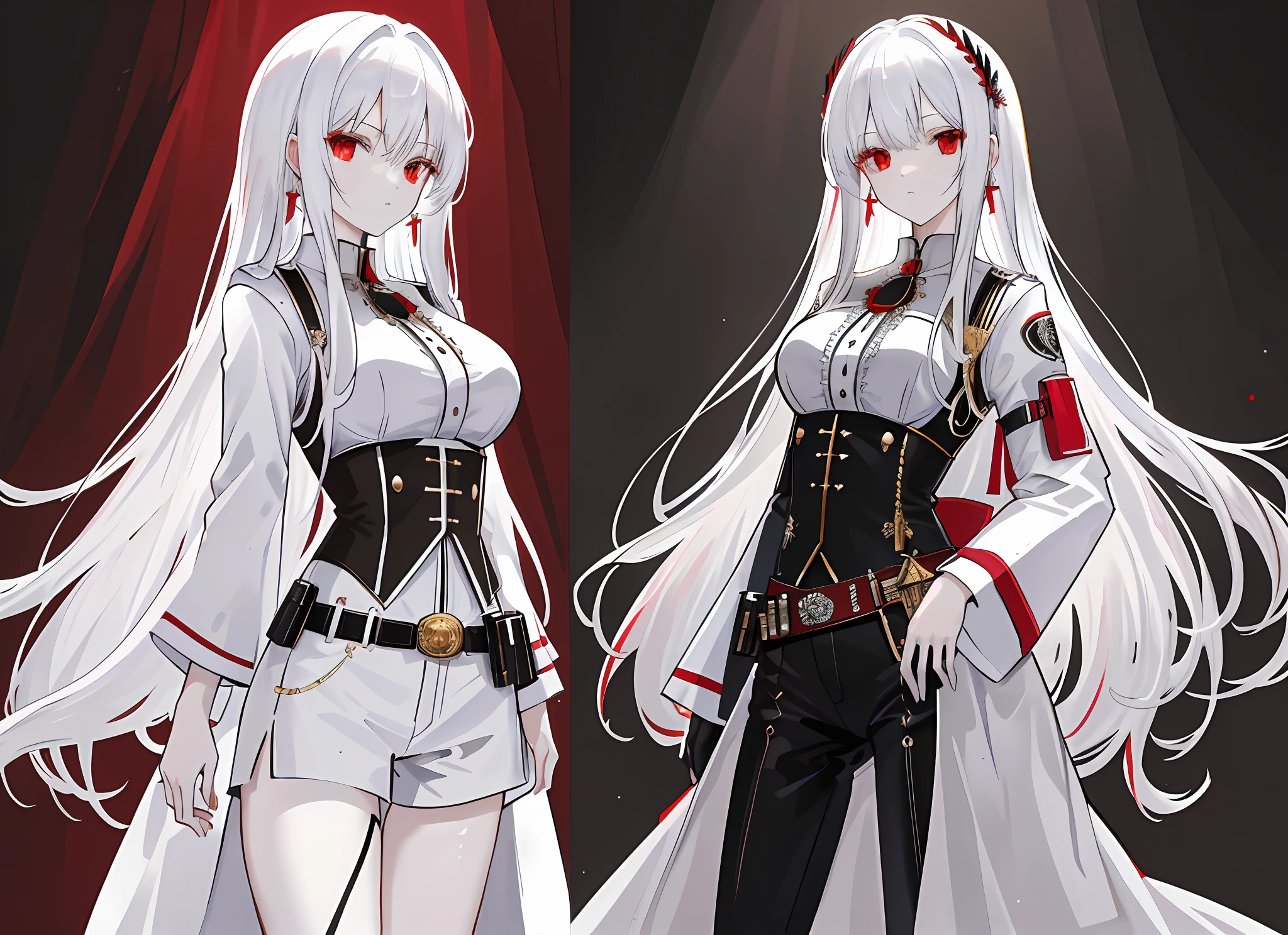 masterpiece,(bestquality),highlydetailed,ultra-detailed,pale,red eyes,white hair:1, long hair,hair rings,pistol:Desert Eagle Semi-automatic pistol,black bodysuit,medium bust,high and cold expression, belt wrapping, dagger decoration,. Multiple views of the same character in the same outfit,