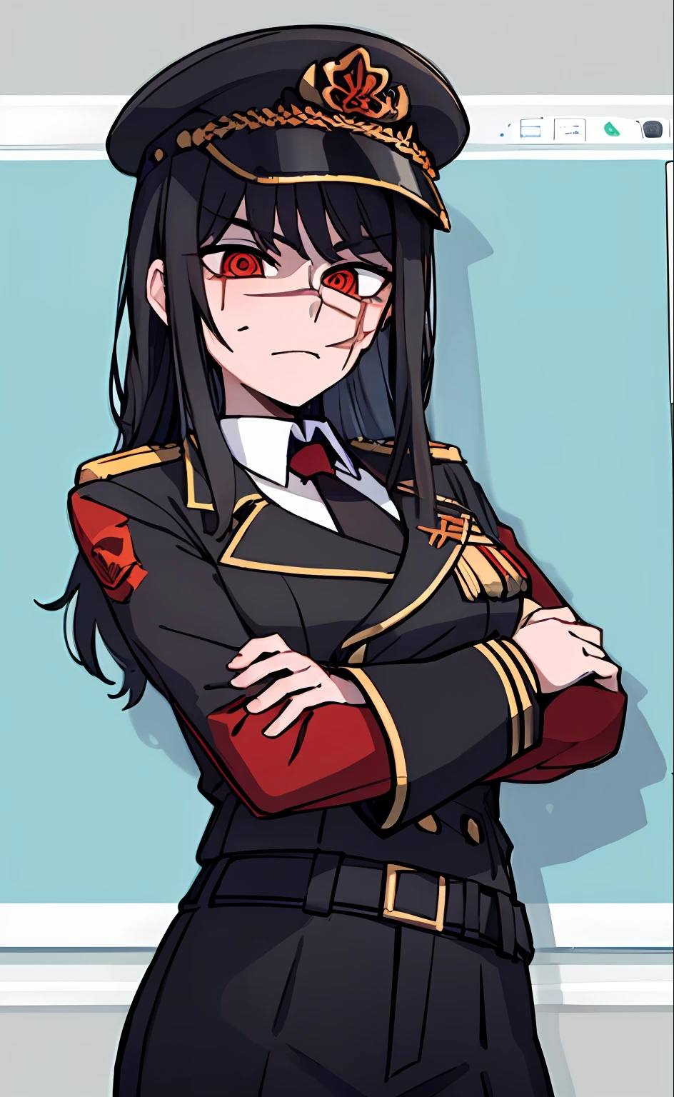 (masterpiece, best quality: 1.2), Solo, 1girl, Yoru \(Chainsaw Man\), looking at the viewer, different poses, red eye, long hair, completely black hair, reference to clothing of a German WWII general, black long sleeves (best quality), scar on face, beautiful eyes, has only 2 arms, has war medals on his clothes, Black Military Cap, Golden Eagle Medal on Clothing, (Wallpaper), (8K HD), (8K HD), Golden Shoulder Pads, Sprites, 1 Single Design (obra maestra, mejor calidad: 1.2), Solo, 1girl, Yoru \(Chainsaw Man\), mirando al espectador, sonrisa, MALVADA, diferentes poses, ojo rojos, cabello largo, cabello completamente negro, reference to clothing of a German general from World War II, mangas largas negras (mejor calidad), cicatriz en la cara, hermosos ojos, tiene solo 2 brazos, tiene medallas de guerra en su ropa, Gorra militar negra, Golden Eagle Medal in Dress, (fondo de pantalla), (8K HD), (8K HD), hombreras doradas, sprites, 1 single design