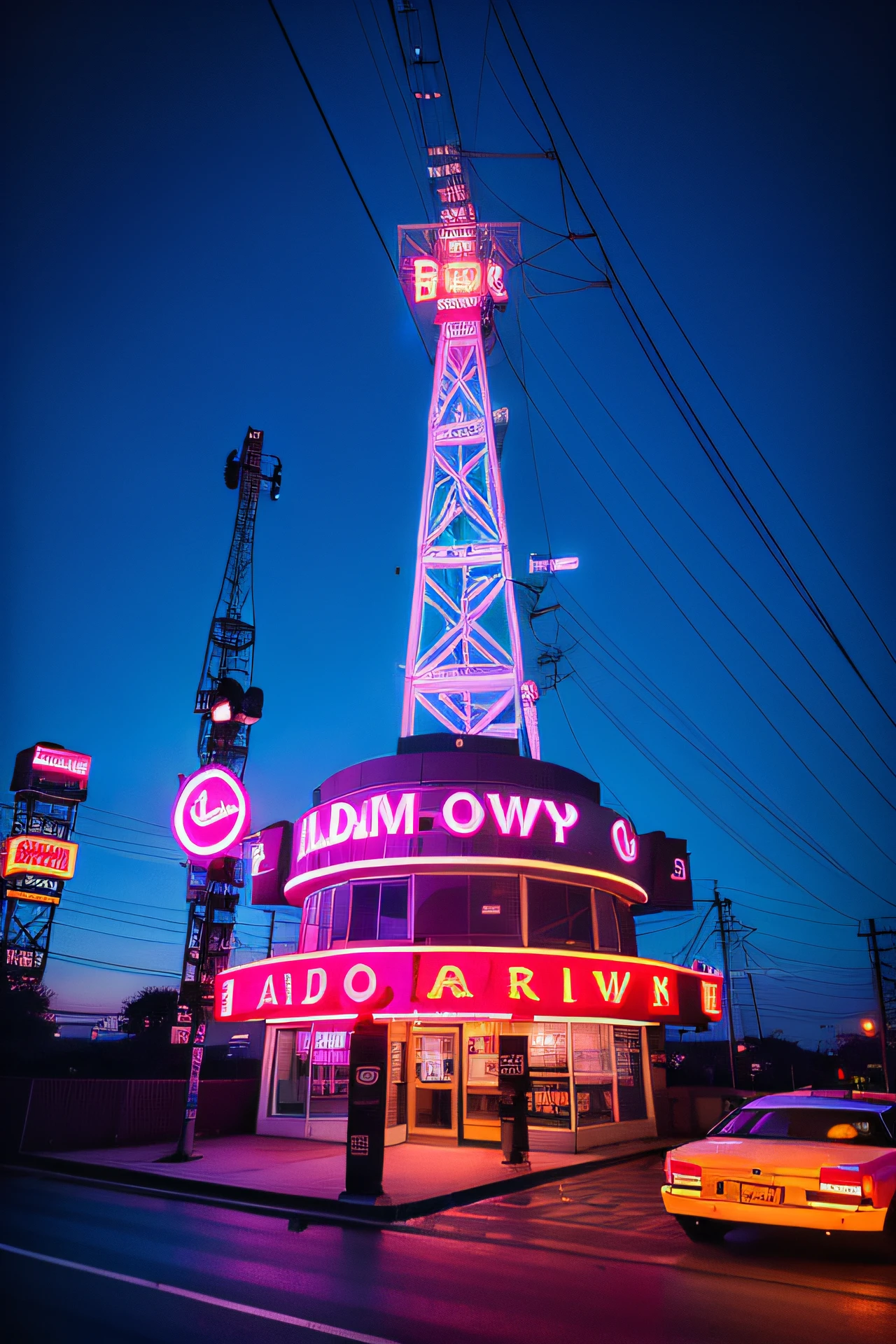 a new building that is a radio station and has a neon sign on the front that says WGMR and has a radio tower on the roof