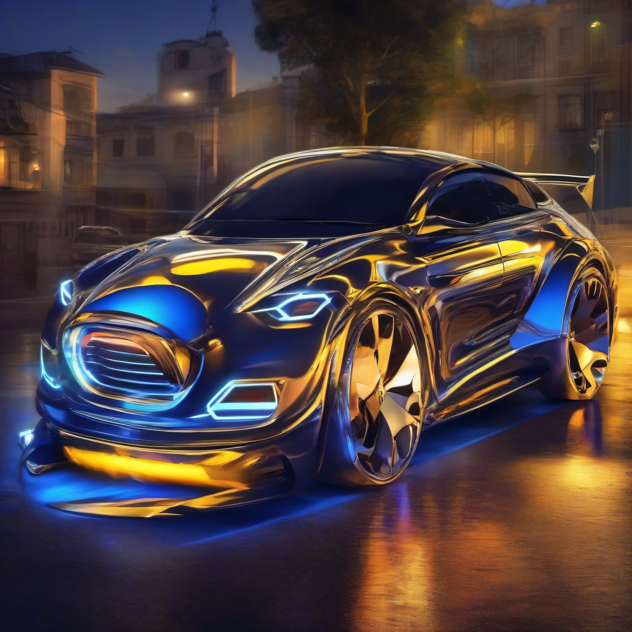 carro do futuro, com alta tecnologia, Hibrido, capacidade de decolagem, metallic paint, azul, flutuando, luz de neon nas laterais, directional headlights, turbo, detalhes intrincados, highes definition