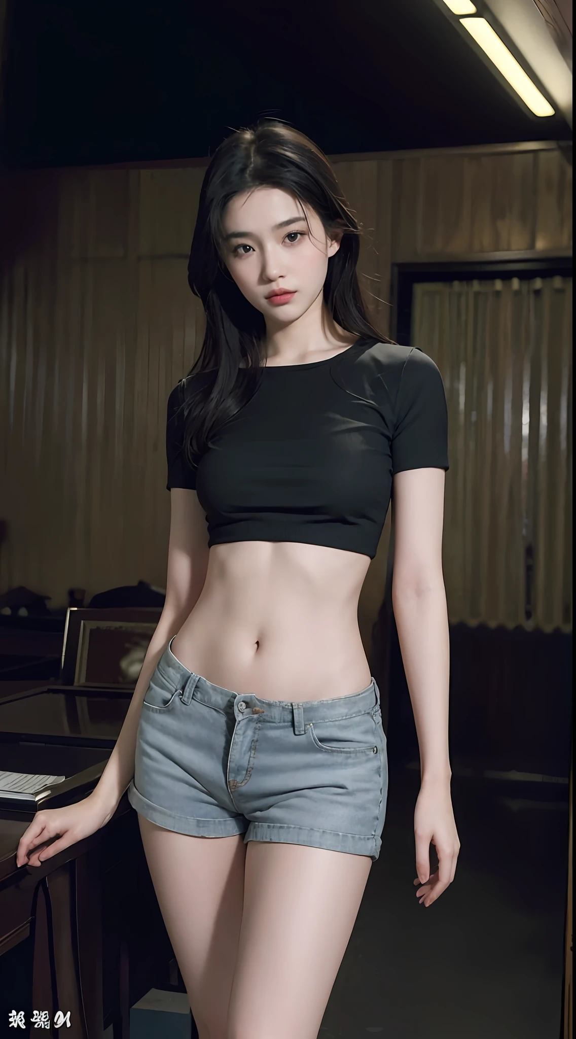 Best Quality, Masterpiece, High Resolution, 8K, (Realistic: 1.4), Ultra High Resolution, 1 Girl, Ultra Detailed, Surreal, Highly Detailed CG Illustration, Official Art, Cinematic Light, Reality, Young Beautiful Girl, Perfect Figure, Perfect Figure, Full View, Perfect Body, (Starting below: 1.3), Mask, Pose, Sexy Long Legs, Confident, Beautiful Sexy, Grey Short Sleeves, Open Abdomen, Black Super Shorts, S-shaped Body, Upturned Hips, Assuming, Posing, Different Perspectives
