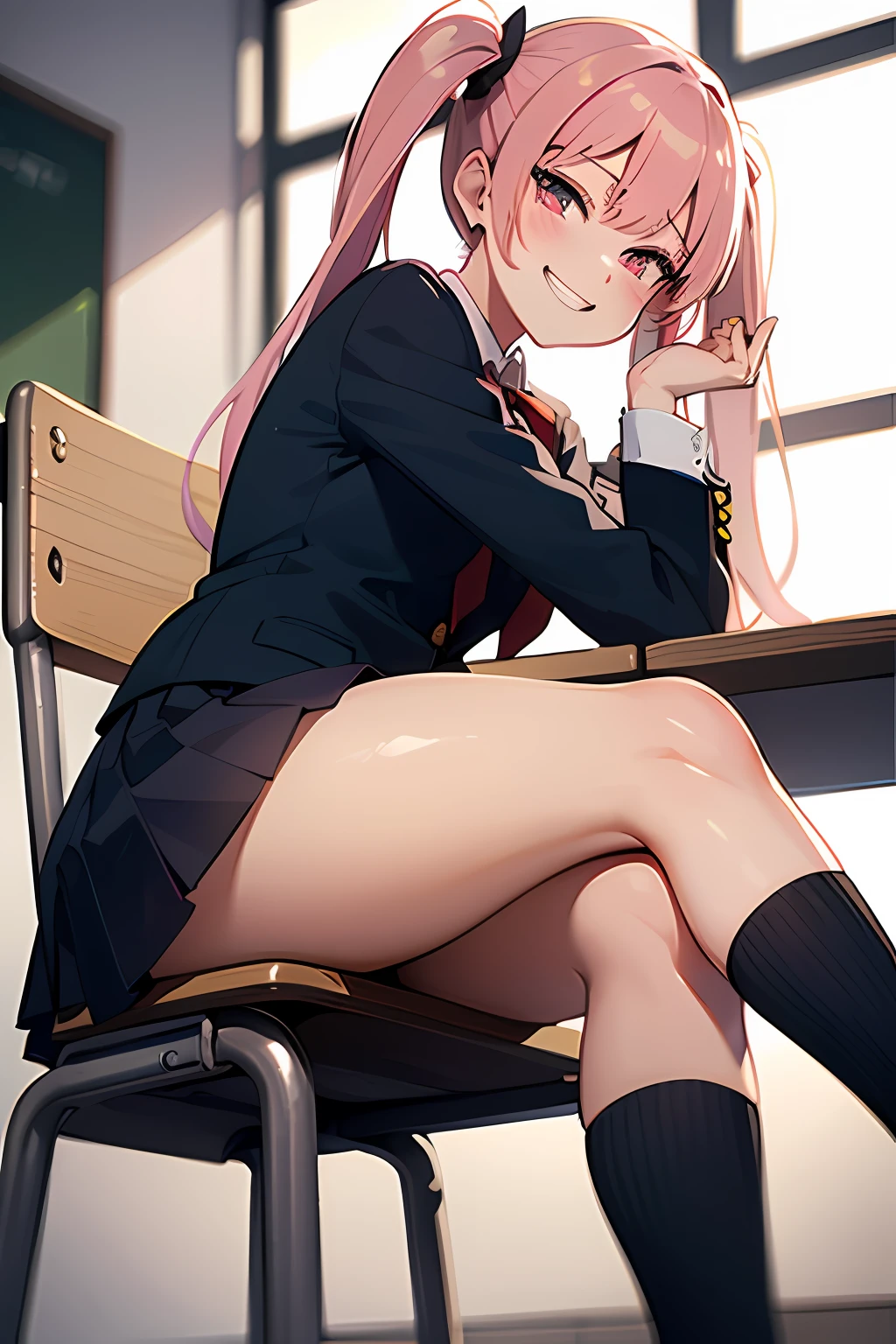 Thicc ass, sitting on chair desk, looking at us, pink g-string, detailed thick g-string, long socks, twin tails, black and red schoolgirl uniform, classroom, looking at us, soft grin, skirt, random hair color, smug face,