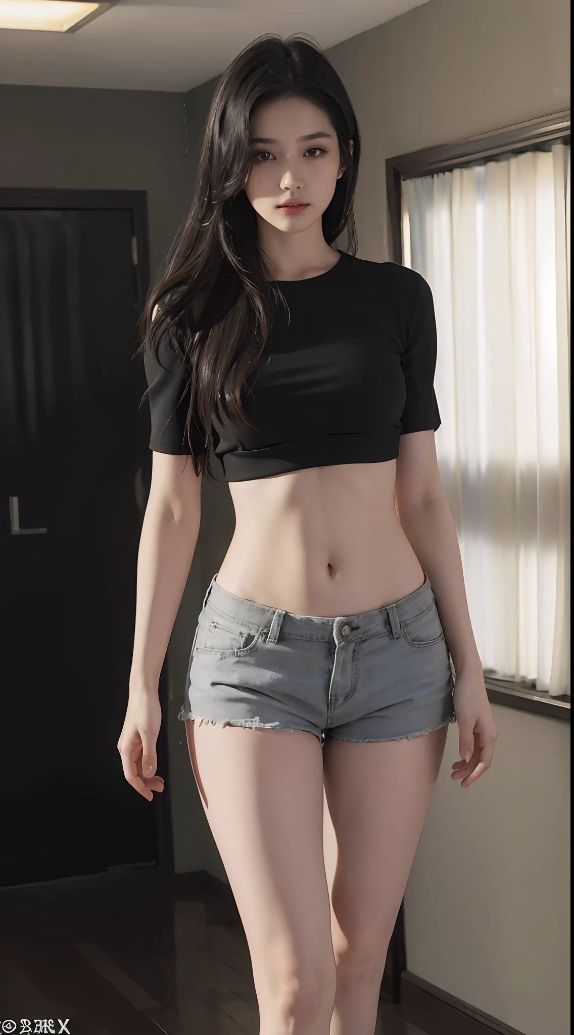 Best Quality, Masterpiece, High Resolution, 8K, (Realistic: 1.4), Ultra High Resolution, 1 Girl, Ultra Detailed, Surreal, Highly Detailed CG Illustration, Official Art, Cinematic Light, Reality, Young Beautiful Girl, Perfect Figure, Perfect Figure, Full View, Perfect Body, (Starting below: 1.3), Mask, Pose, Sexy Long Legs, Confident, Beautiful Sexy, Grey Short Sleeves, Open Abdomen, Black Super Shorts, S-shaped Body, Upturned Hips, Assuming, Posing, Different Perspectives
