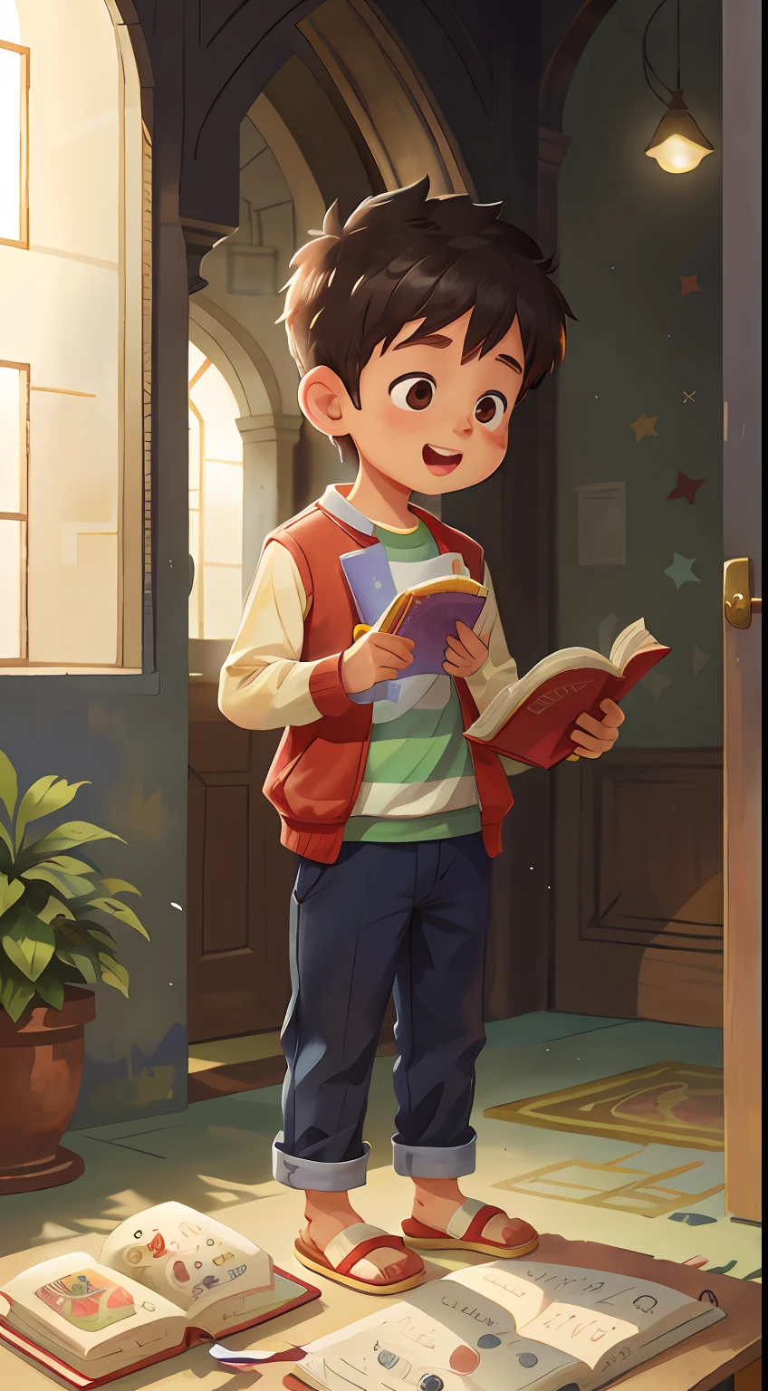 Boy read a book, mosque, Watercolor, full body view, perfect quality, (masterpiece: 1.2) (Bokeh background) (Best quality) (Detailed Skin: 1.3) (Intricate Details) (8K) (Detail Eyes) (Sharp Focus), (Happy), best lighting