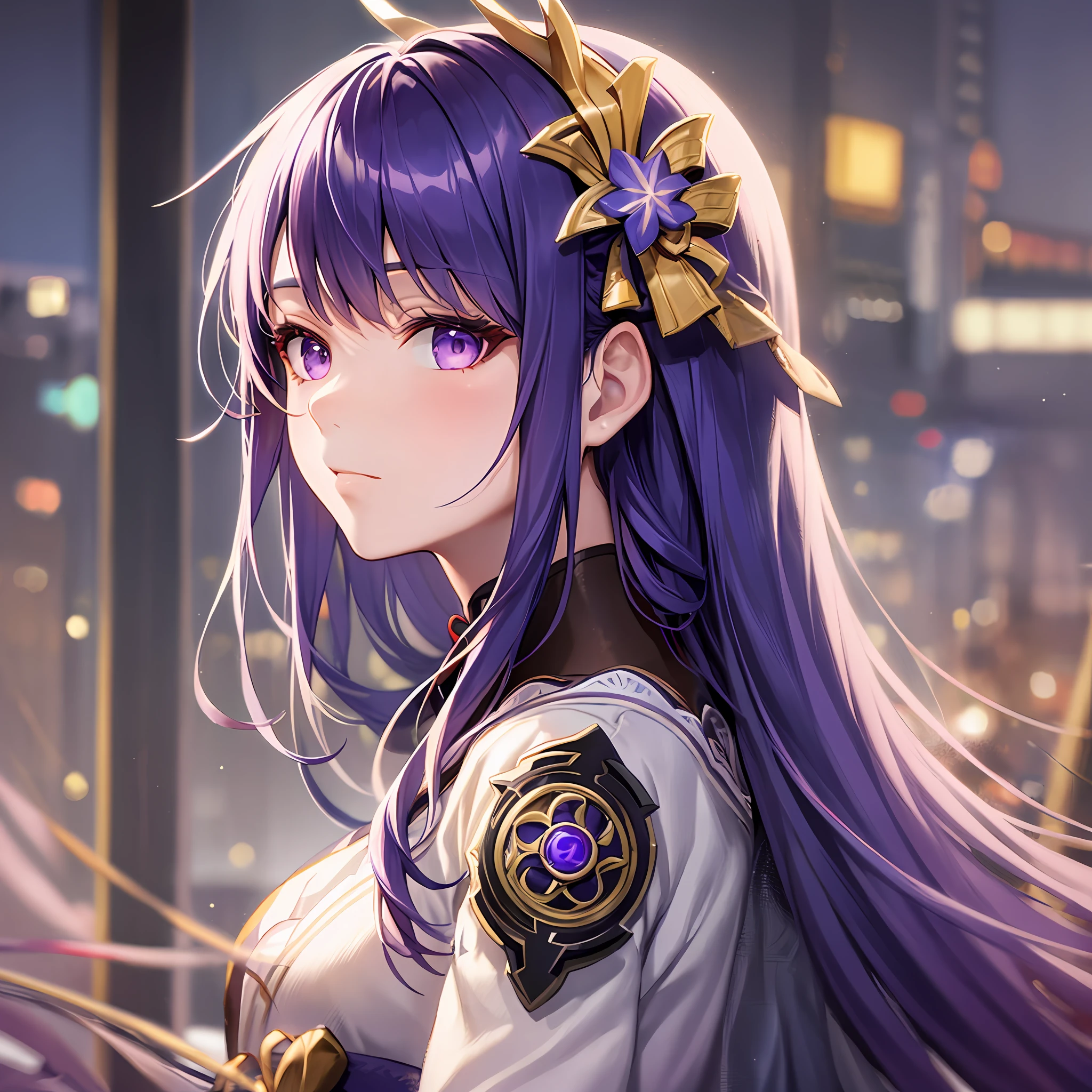 Mast, best quality, 1 girl, raiden shogun \ (Genshin Impact), beautiful hair, purple eyes, long hair, headband, hair accessories, looking at the audience, from the side