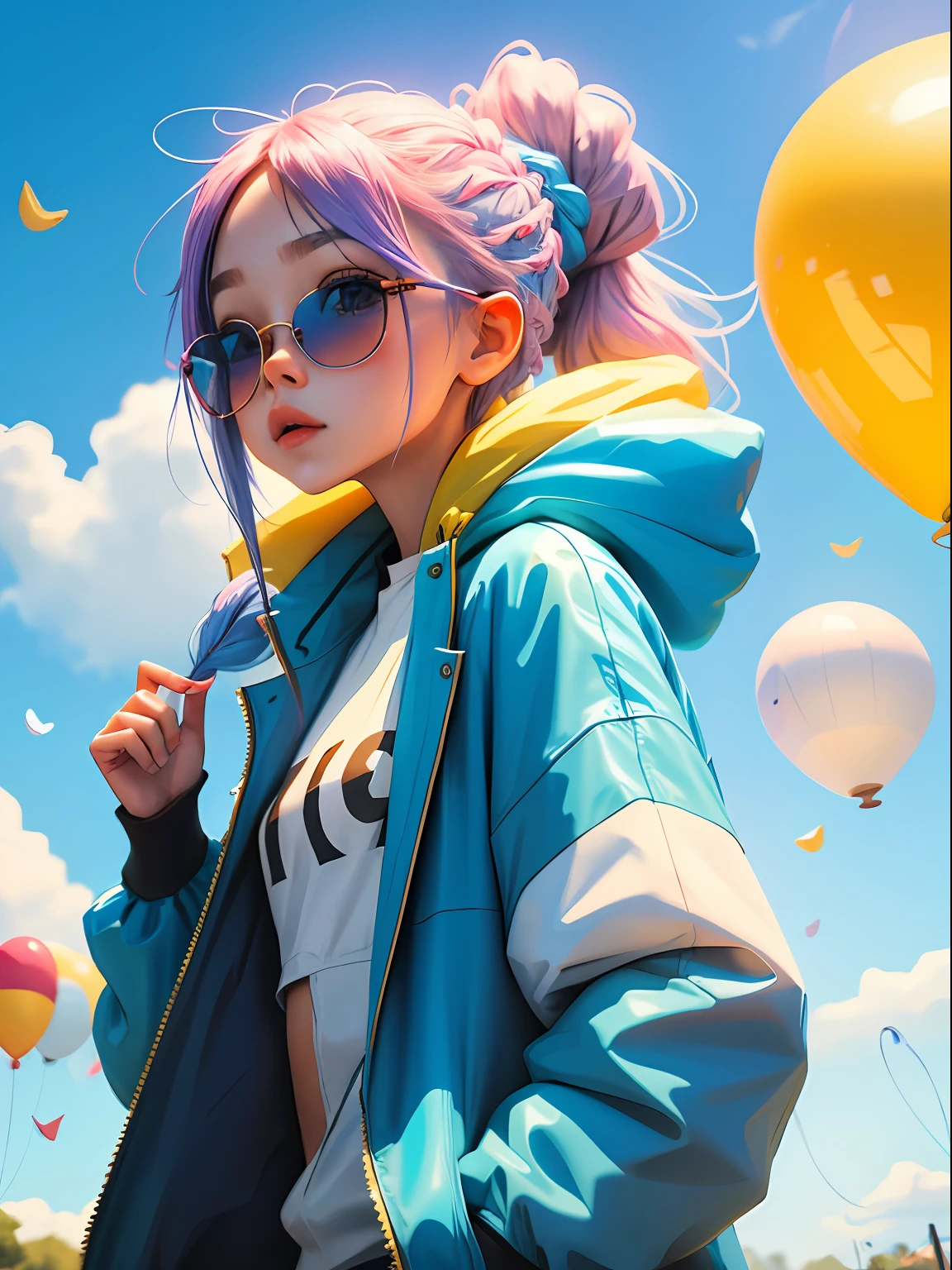 Loli girl, beautiful and cute, wearing blue sunglasses, yellow jacket, white sweatshirt, lots of colorful balloons, , chibi style, red and blue two-color hair, ponytail braided hair, perfect detail eyes, delicate face, perfect CG, HD picture quality, colorful balloons, sky,