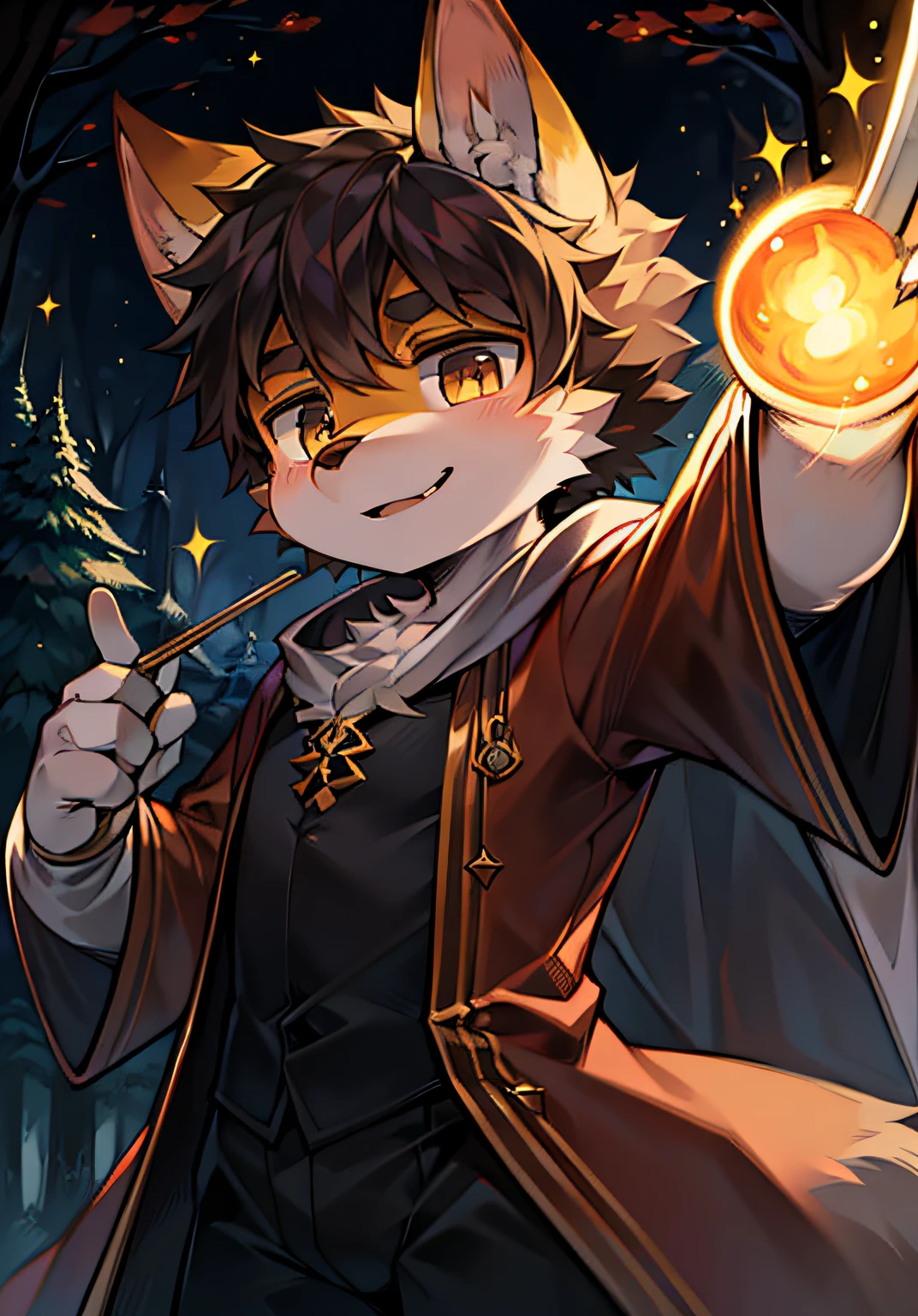 （ambiente dark:0.8),themoon，ln the forest，eyes with brightness, The upper part of the body, Character focus.(detailedbackground:0.7), adolable，furry men，Young age，The head is on the large side，shaggy male，Sunny and cheerful，Robe，coyote，（canid，Shota，Normal standing posture）Stable and secure，Gray fur，Chivalry，Magic wand in hand，Launch fireballs，Fighting posture