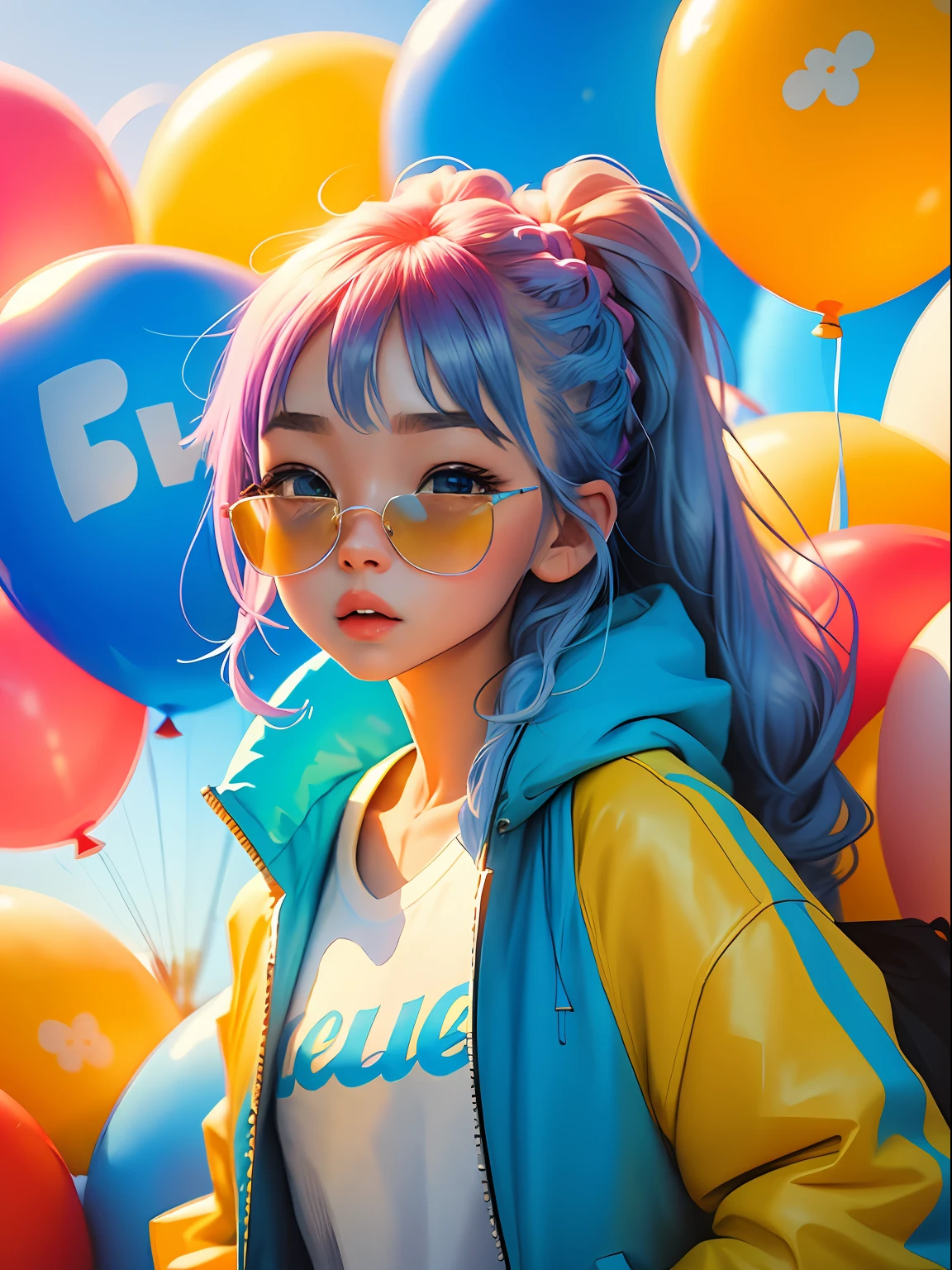 Loli girl, beautiful and cute, wearing blue sunglasses, yellow jacket, white sweatshirt, lots of colorful balloons, , chibi style, red and blue two-color hair, ponytail braided hair, perfect detail eyes, delicate face, perfect CG, HD picture quality, colorful balloons, sky,