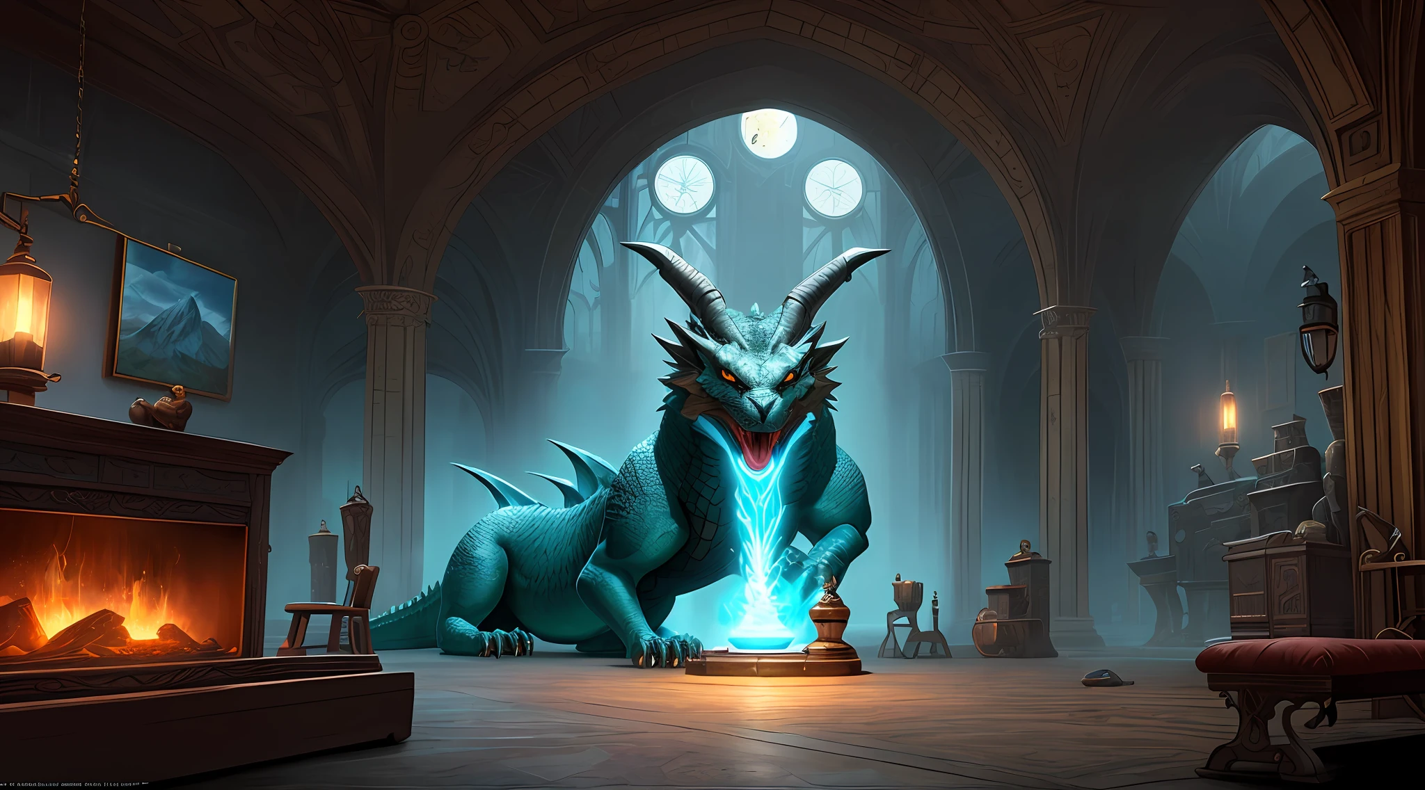 There is a clock with a dragon's head in a room, Symmetrical Epic Fantasy Art, arte conceitual kaladesh. Mechanicalgirl, Pintura digital de Quetzalcoatl, arte fantasia behance, arte digital de fantasia detalhada, symmetric concept art, on an epic intricate oroboros, arte de fantasia digital 2d detalhada, Arte digital altamente detalhada em 4k
