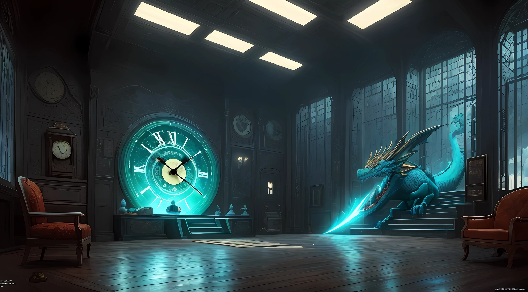 There is a clock with a dragon's head in a room, Symmetrical Epic Fantasy Art, arte conceitual kaladesh. Mechanicalgirl, Pintura digital de Quetzalcoatl, arte fantasia behance, arte digital de fantasia detalhada, symmetric concept art, on an epic intricate oroboros, arte de fantasia digital 2d detalhada, Arte digital altamente detalhada em 4k