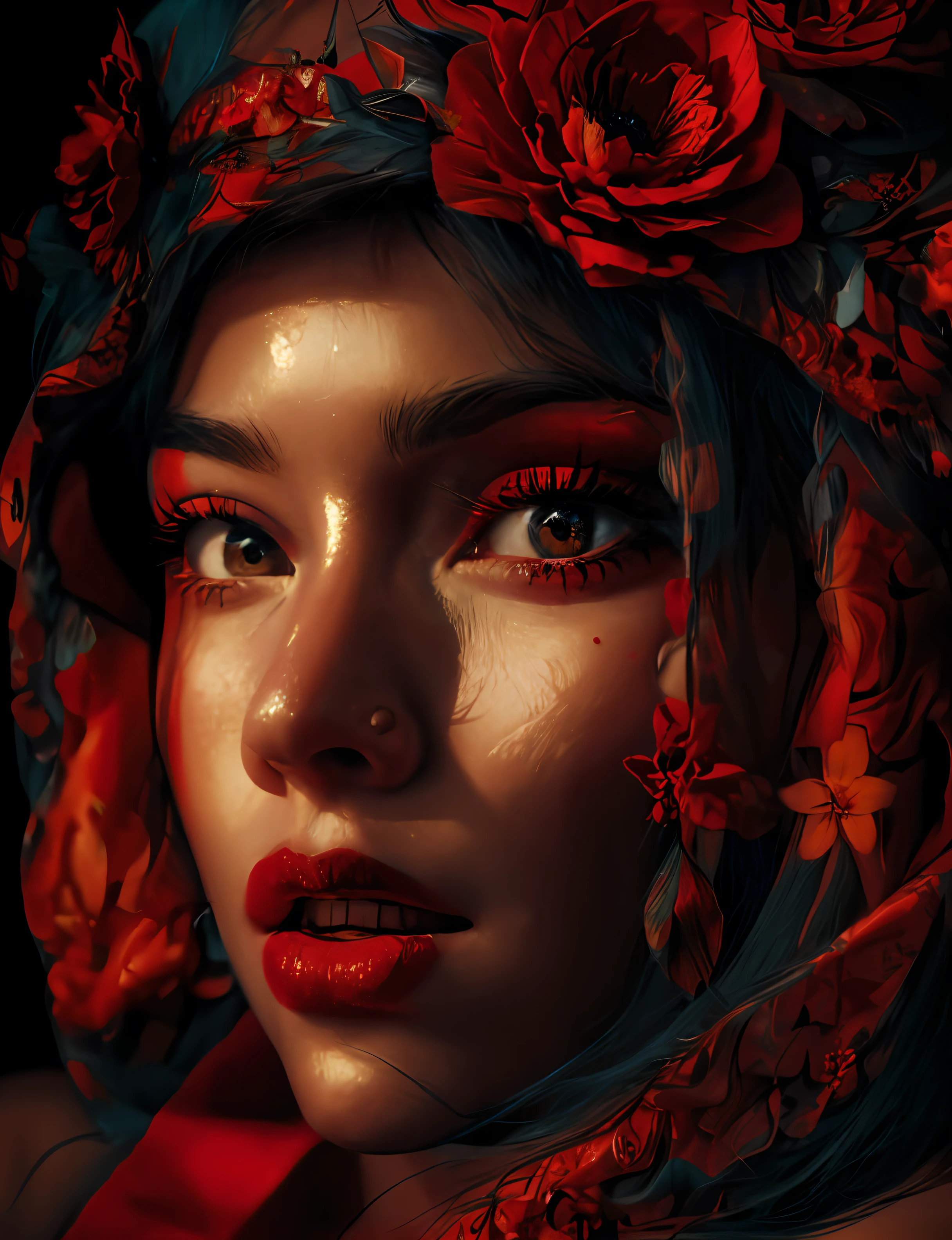 Painting of a woman with a red scarf and a red flower, stunning digital illustration, retrato de beleza detalhado, pintura digital impressionante, Beautiful digital illustration, Arte bonita UHD 4K, retrato bonito detalhado, 8k arte impressionante, pintura detalhada 4K, exquisite digital illustration, 8k arte detalhada de alta qualidade, lindo pintura digital, Epic portrait illustration, Arte digital altamente detalhada em 4k