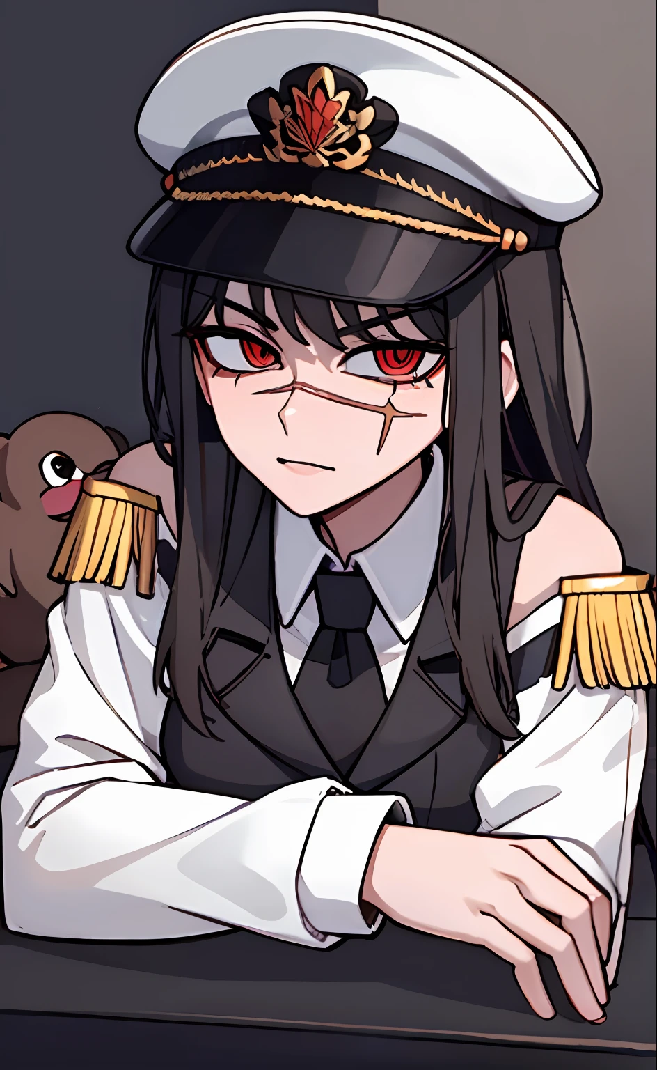(masterpiece, best quality: 1.2), Solo, 1girl, Yoru \(Chainsaw Man\), looking at the viewer, different poses, red eye, long hair, completely black hair, reference to clothing of a German WWII general, black long sleeves (best quality), scar on face, beautiful eyes, has only 2 arms, has war medals on his clothes, Black Military Cap, Golden Eagle Medal on Clothing, (Wallpaper), (8K HD), (8K HD), Golden Shoulder Pads, Sprites, 1 Single Design (obra maestra, mejor calidad: 1.2), Solo, 1girl, Yoru \(Chainsaw Man\), mirando al espectador, sonrisa, MALVADA, diferentes poses, ojo rojos, cabello largo, cabello completamente negro, reference to clothing of a German general from World War II, mangas largas negras (mejor calidad), cicatriz en la cara, hermosos ojos, tiene solo 2 brazos, tiene medallas de guerra en su ropa, Gorra militar negra, Golden Eagle Medal in Dress, (fondo de pantalla), (8K HD), (8K HD), hombreras doradas, sprites, 1 single design