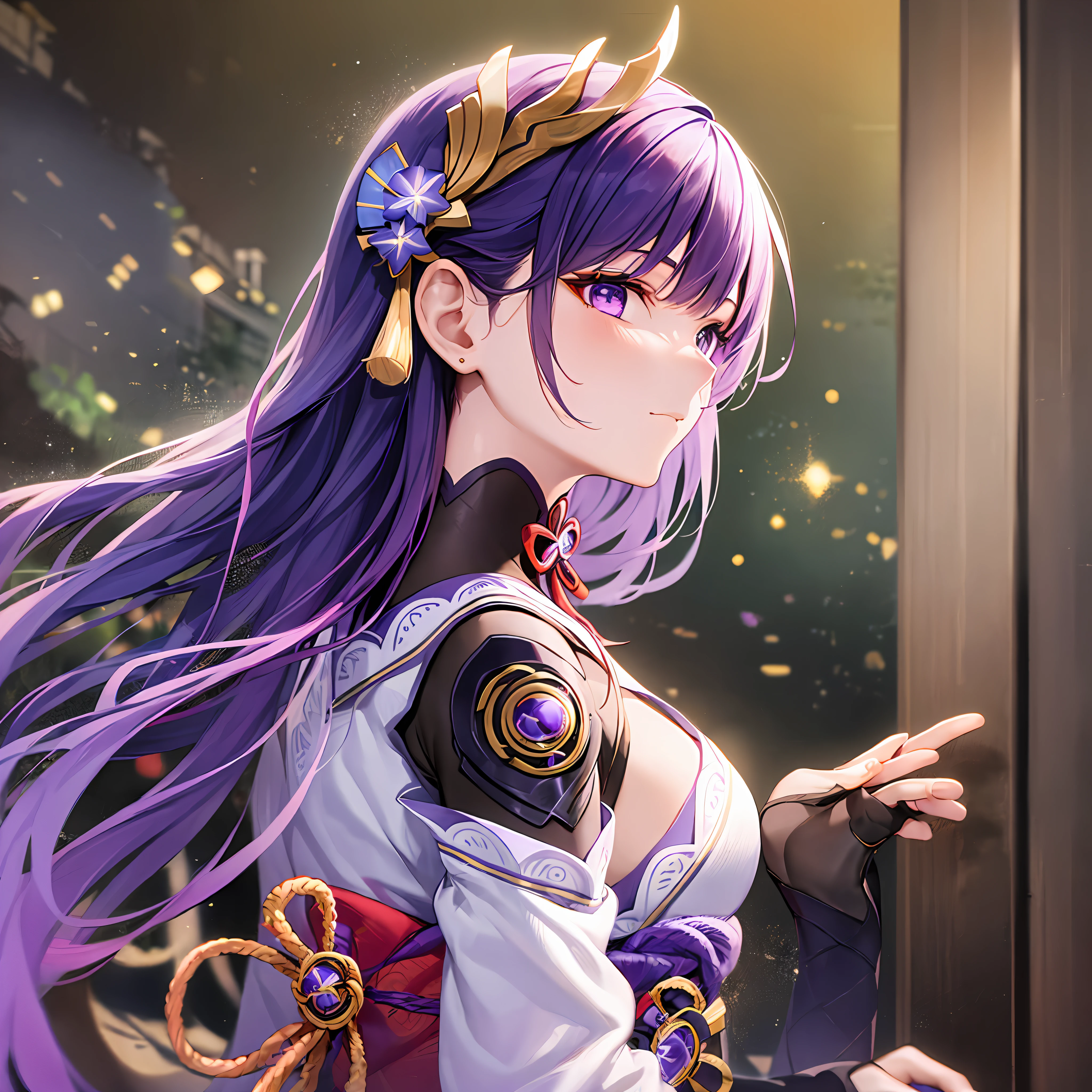 Mast, best quality, 1 girl, raiden shogun \ (Genshin Impact), beautiful hair, purple eyes, long hair, headband, hair accessories, looking at the audience, from the side