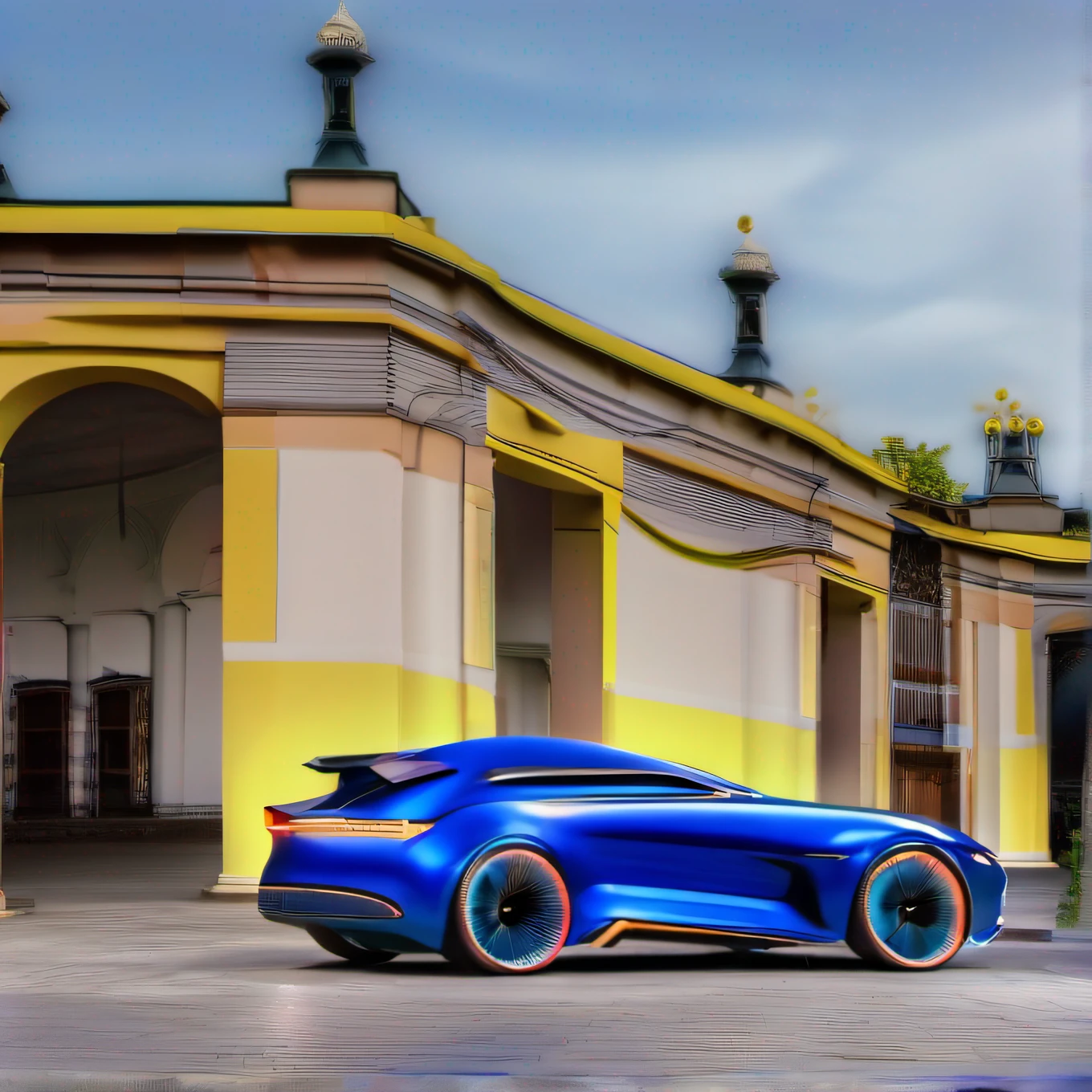 carro do futuro, com alta tecnologia, Hibrido, capacidade de decolagem, metallic paint, azul, flutuando, luz de neon nas laterais, directional headlights, turbo, detalhes intrincados, highes definition