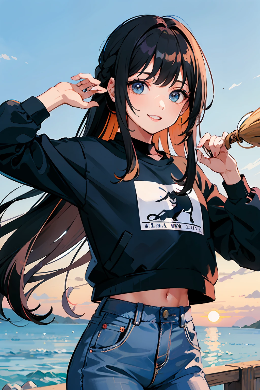 Garota jovem bonita, muito bonita, illuminated scenery, cabelos lisos, franja na altura dos olhos, olhos roxo, sorriso bonito, jovem de 18 anos, garota bonita, sunset scenery, peitos grandes, corpo definido, bonita, cabelo cor castanho, castanho claro, pele parda, cabelo solto, mid hair, cabelo voando ao vento, linos eyes, Character wearing sweatshirt and pants