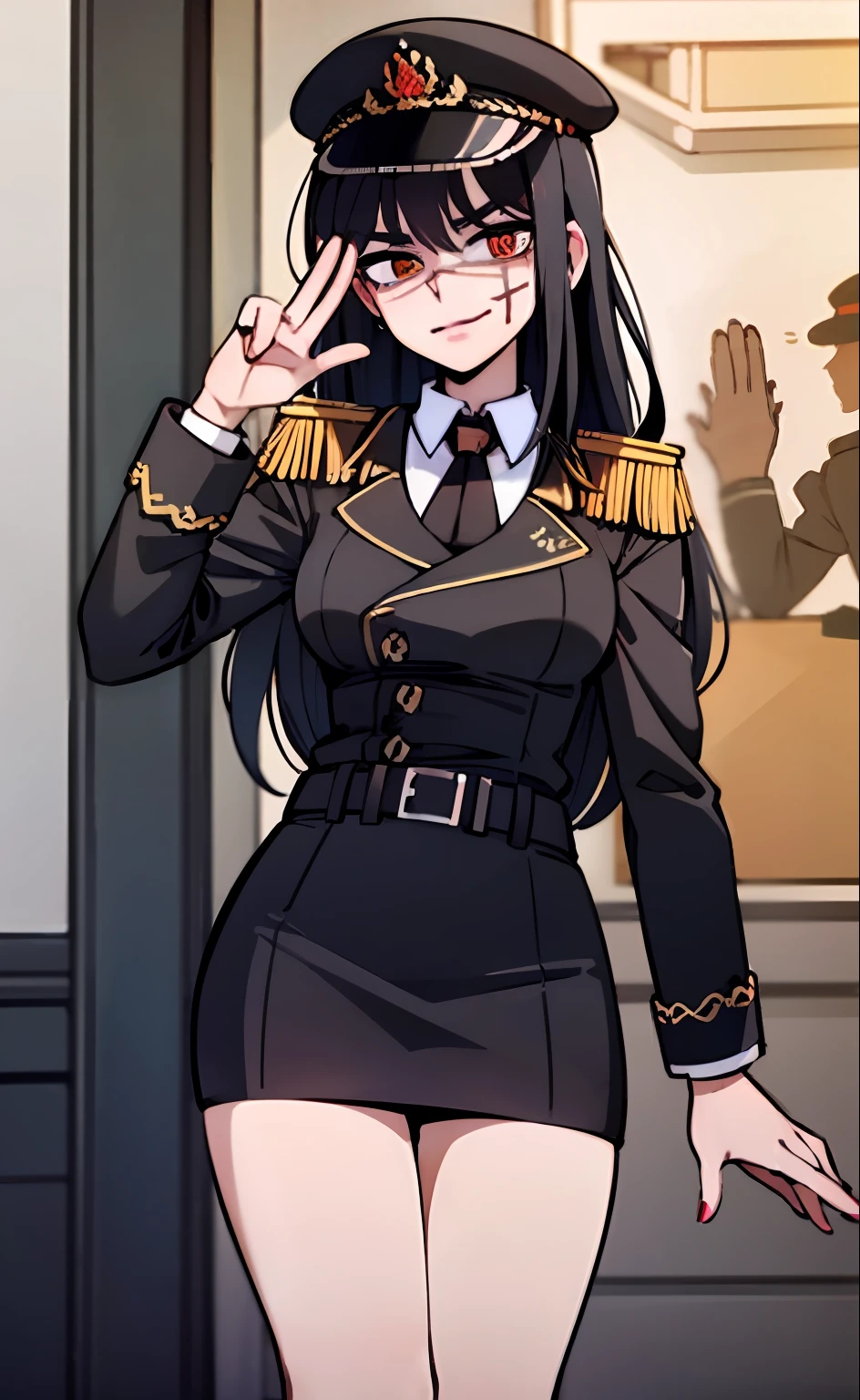 (masterpiece, best quality: 1.2), Solo, 1girl, Yoru \(Chainsaw Man\), looking at the viewer, different poses, red eye, long hair, completely black hair, reference to clothing of a German WWII general, black long sleeves (best quality), scar on face, beautiful eyes, has only 2 arms, has war medals on his clothes, Black Military Cap, Golden Eagle Medal on Clothing, (Wallpaper), (8K HD), (8K HD), Golden Shoulder Pads, Sprites, 1 Single Design (obra maestra, mejor calidad: 1.2), Solo, 1girl, Yoru \(Chainsaw Man\), mirando al espectador, sonrisa, MALVADA, diferentes poses, ojo rojos, cabello largo, cabello completamente negro, reference to clothing of a German general from World War II, mangas largas negras (mejor calidad), cicatriz en la cara, hermosos ojos, tiene solo 2 brazos, tiene medallas de guerra en su ropa, Gorra militar negra, Golden Eagle Medal in Dress, (fondo de pantalla), (8K HD), (8K HD), hombreras doradas, sprites, 1 single design