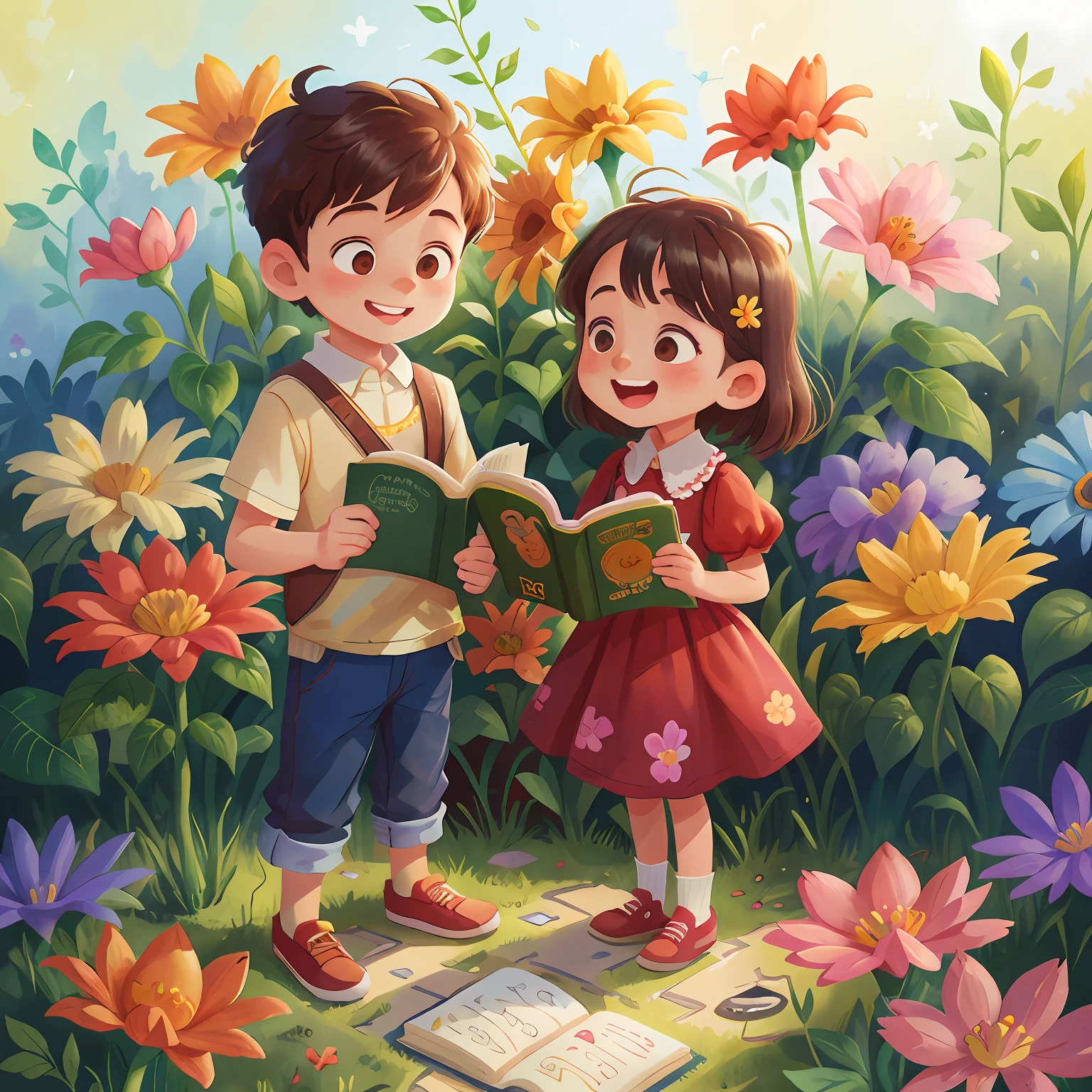 A boy and a girl read a book, flowers garden, smile, Watercolor, full body view, perfect quality, (masterpiece: 1.2)  (Bokeh background) (Best quality) (Detailed Skin: 1.3) (Intricate Details) (8K) (Detail Eyes) (Sharp Focus), (Happy), best lighting