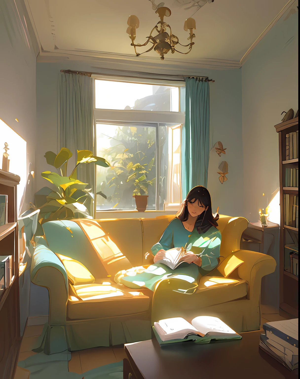 sala de estar, sofa, janela, cortinas, luz solar fraca, vaso de planta, mesa, cupboard, estante, papel, candeeiro de mesa, typewriter, ,1 menina, cabelo longo, cabelo castanho, corpo perfeito, dinamic angle, Reading the Bible
