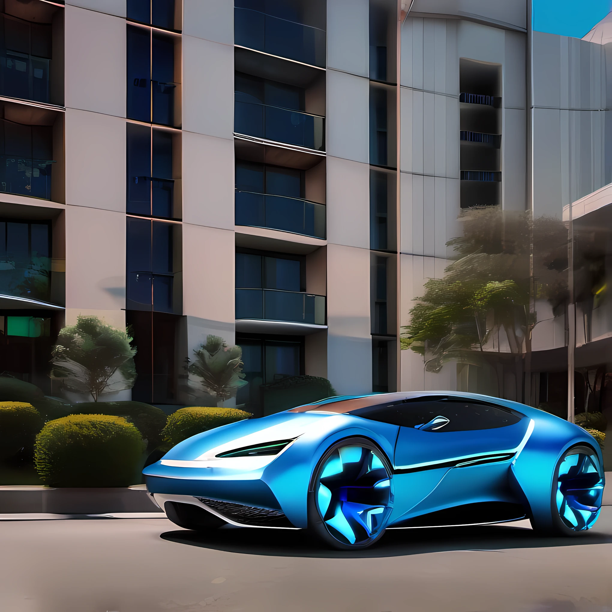 carro do futuro, com alta tecnologia, Hibrido, capacidade de decolagem, metallic paint, azul, flutuando, luz de neon nas laterais, directional headlights, turbo, detalhes intrincados, highes definition