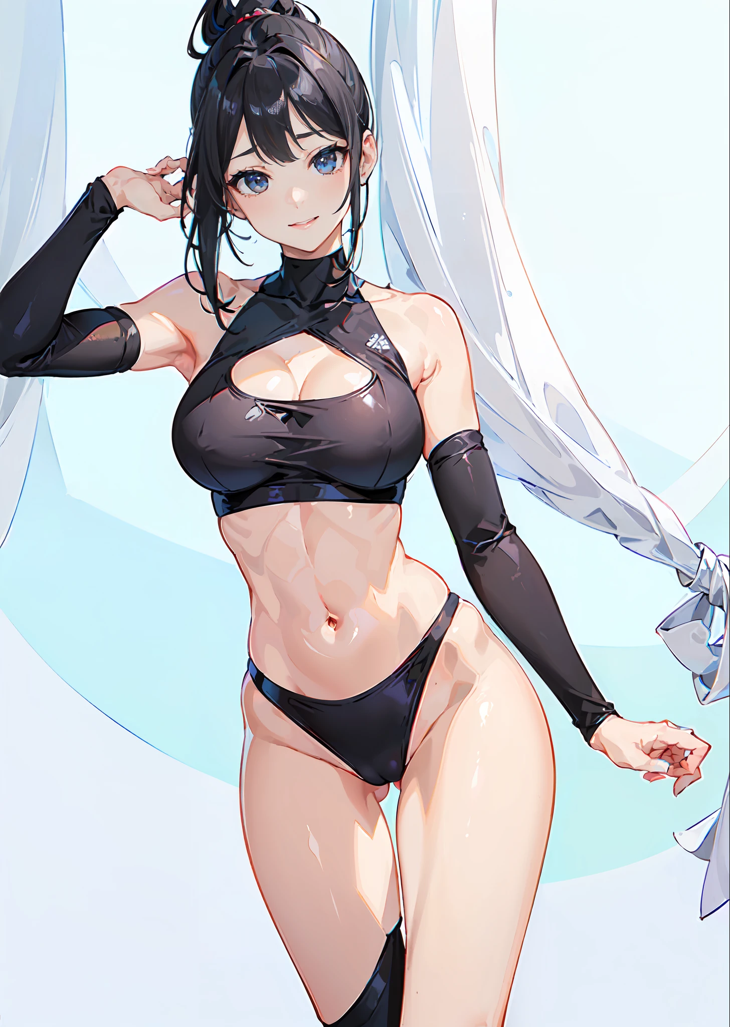 ((top-quality、8K、masterpiece:1.3))、foco nítido:1.2、Beautiful woman with perfect body shape:1.4、Beautiful face、Beautiful expression、Evil smile、blush:1.5、Highly detailed facial and skin texture、A detailed eye、1 girl, Solo, Sexy Pose、foco nítido:1.2),Black hair、High Ponytail、Blunt bangs、abdominals、The navel is visible、(panthyhose:1.2,White shirt、gymnastic suit)