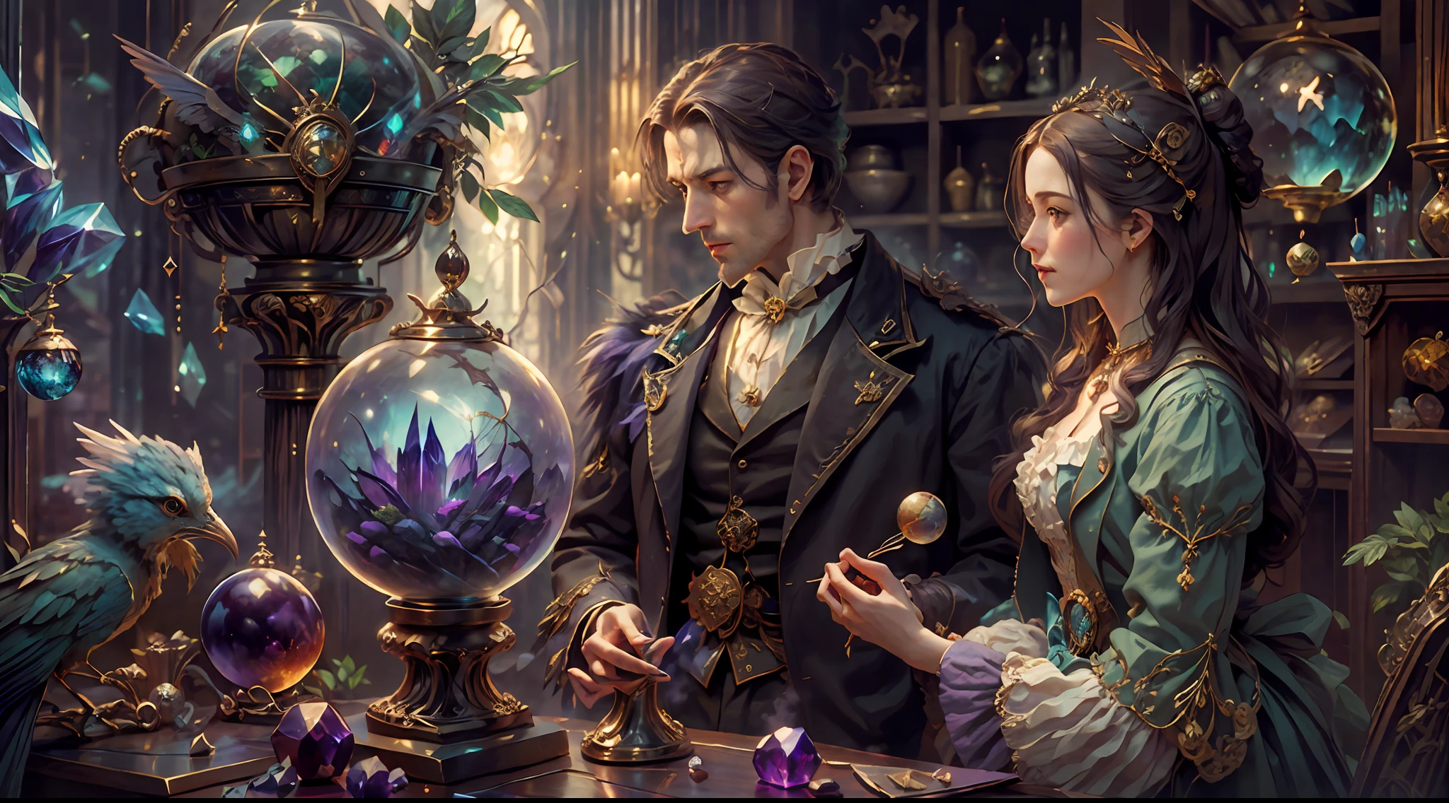 A young, handsome and beautiful noble couple runs a magic shop during the Age of Steam Magic,head looking up,florals,The bird,a plant,crystal sphere,magic item,Victorian aristocracy,purple flower,ultra-realistic realism