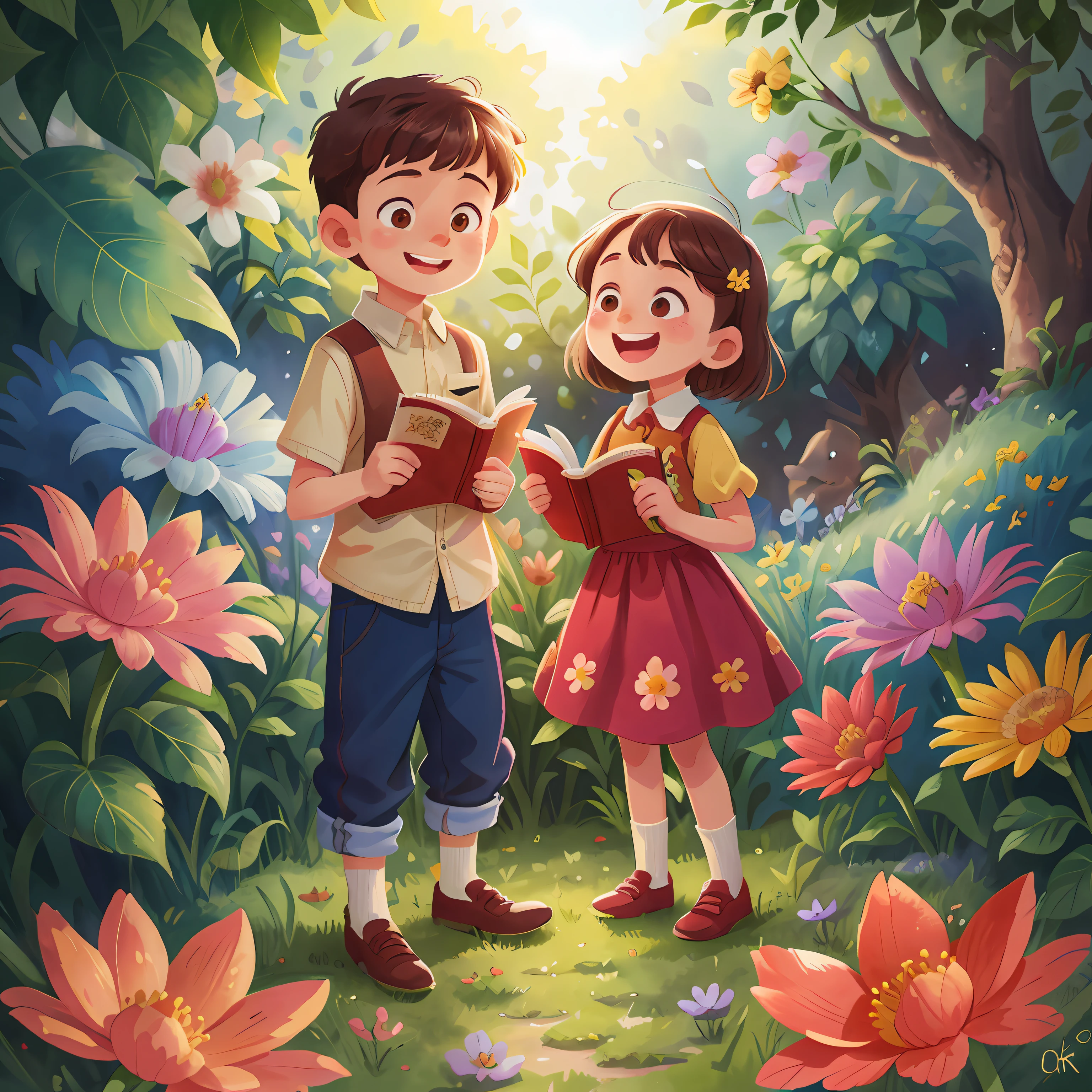 A boy and a girl read a book, flowers garden, smile, Watercolor, full body view, perfect quality, (masterpiece: 1.2) (Bokeh background) (Best quality) (Detailed Skin: 1.3) (Intricate Details) (8K) (Detail Eyes) (Sharp Focus), (Happy), best lighting