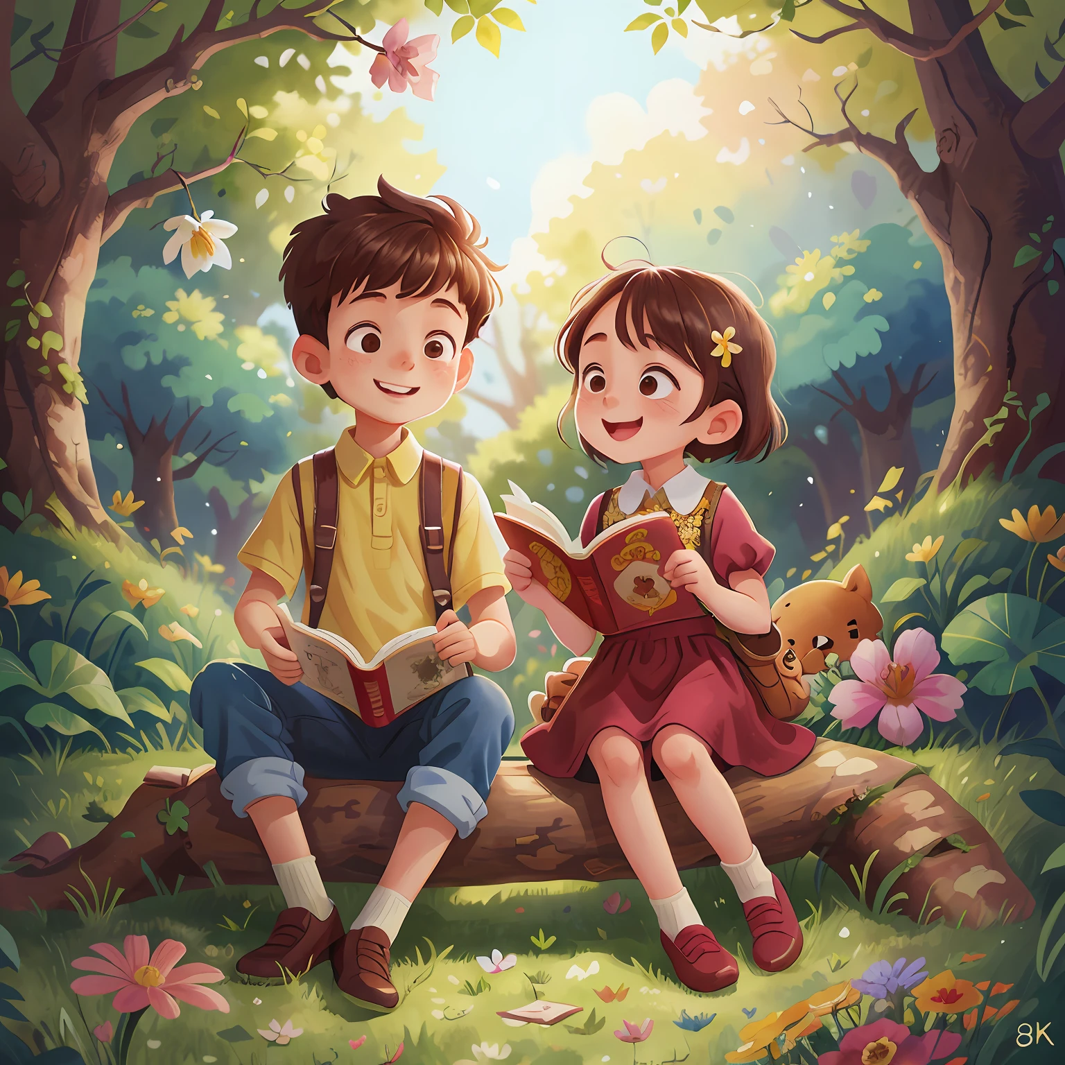 A boy and a girl read a book, sitting in tree, flowers garden, smile, Watercolor, full body view, perfect quality, (masterpiece: 1.2) (Bokeh background) (Best quality) (Detailed Skin: 1.3) (Intricate Details) (8K) (Detail Eyes) (Sharp Focus), (Happy), best lighting