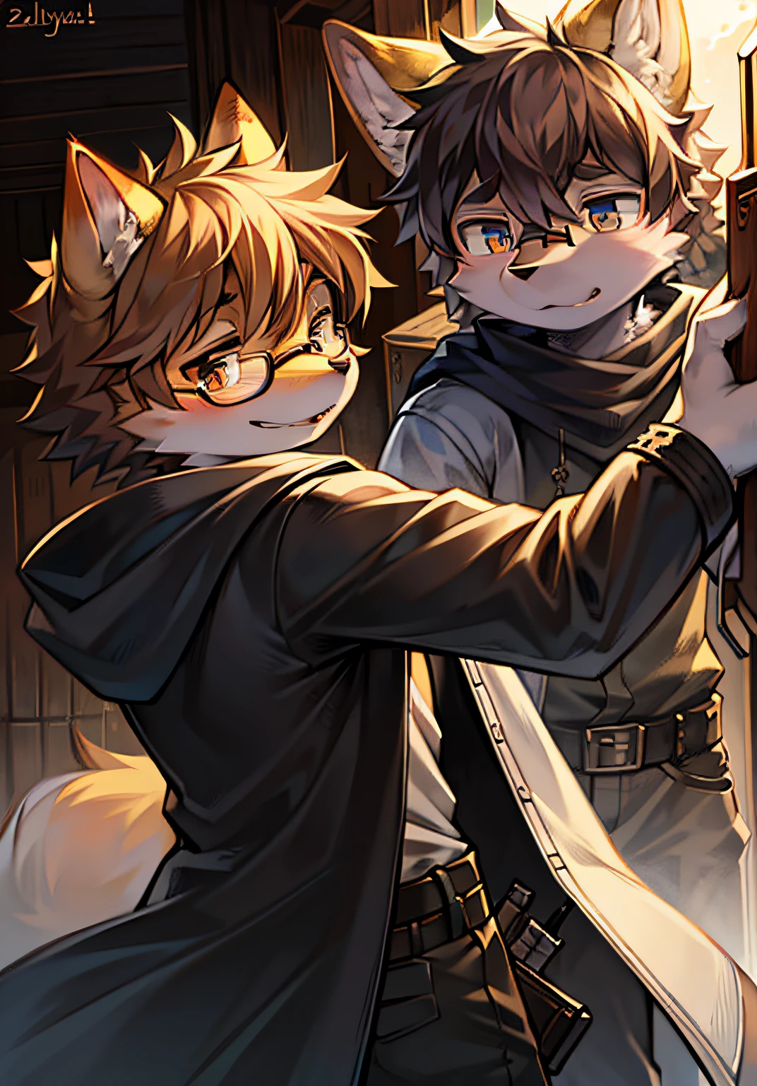 (ambiente dark:0.8),eyes with brightness, The upper part of the body, Character focus.(detailedbackground:0.7), adolable,furry men,Young age,The head is on the large side,shaggy male,Sunny and cheerful,wearing black rimmed glasses,wind coat,coyote,(canid,Shota,Normal standing posture)Stable and secure,Gray fur,Chivalry,Long gun in hand(Cold weapons),Fighting posture
