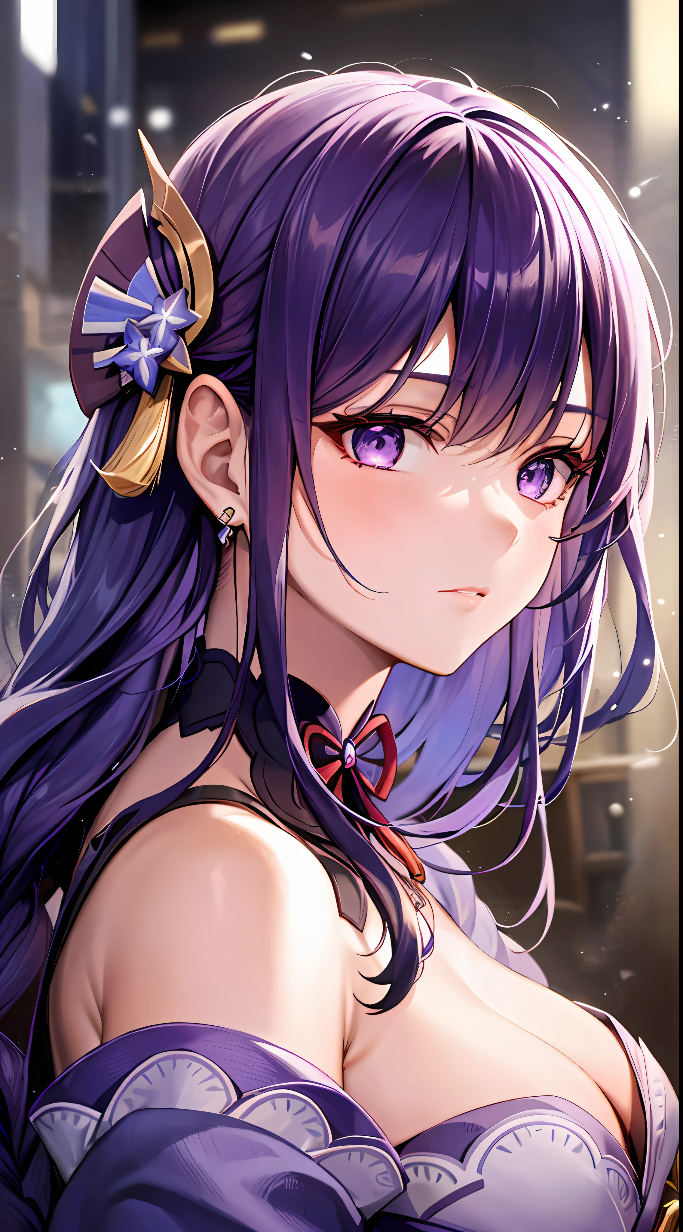 Mast, best quality, 1 girl, raiden shogun \ (Genshin Impact), beautiful hair, purple eyes, long hair, headband, hair accessories, looking at the audience, from the side, full body