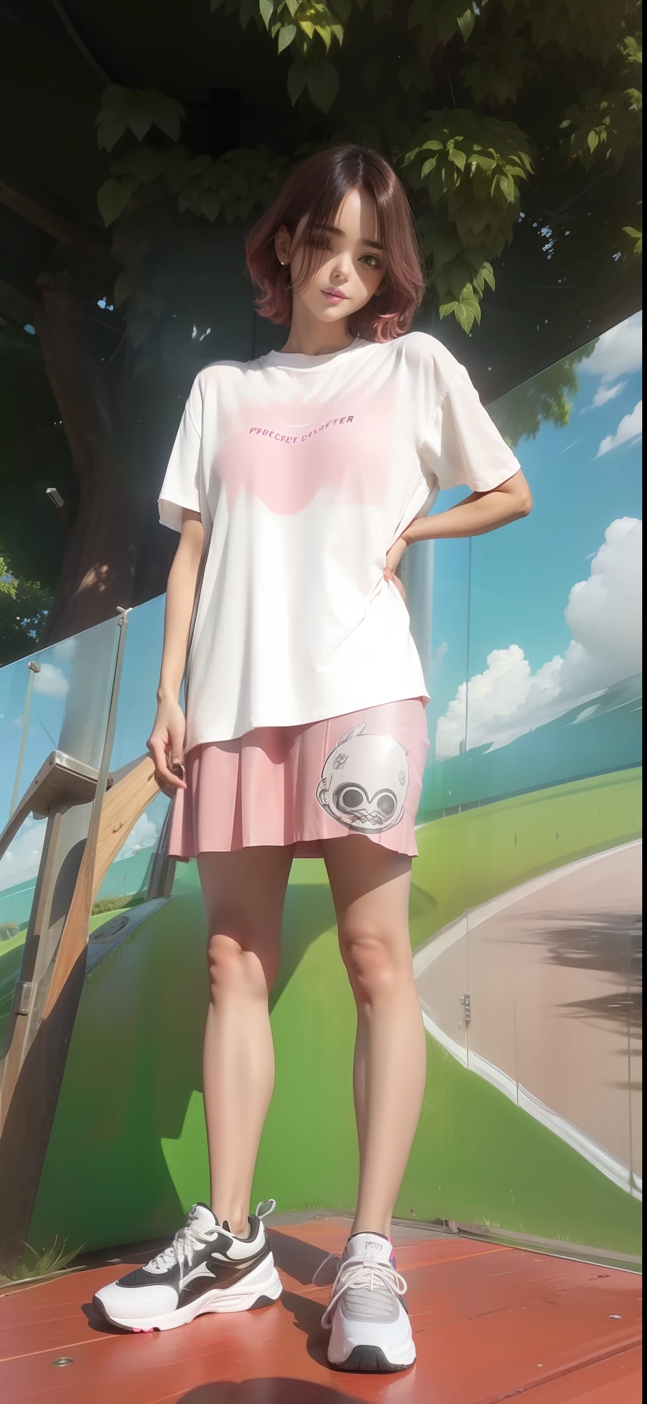 Short pink skirt，cabelos preto e longos，teens girl