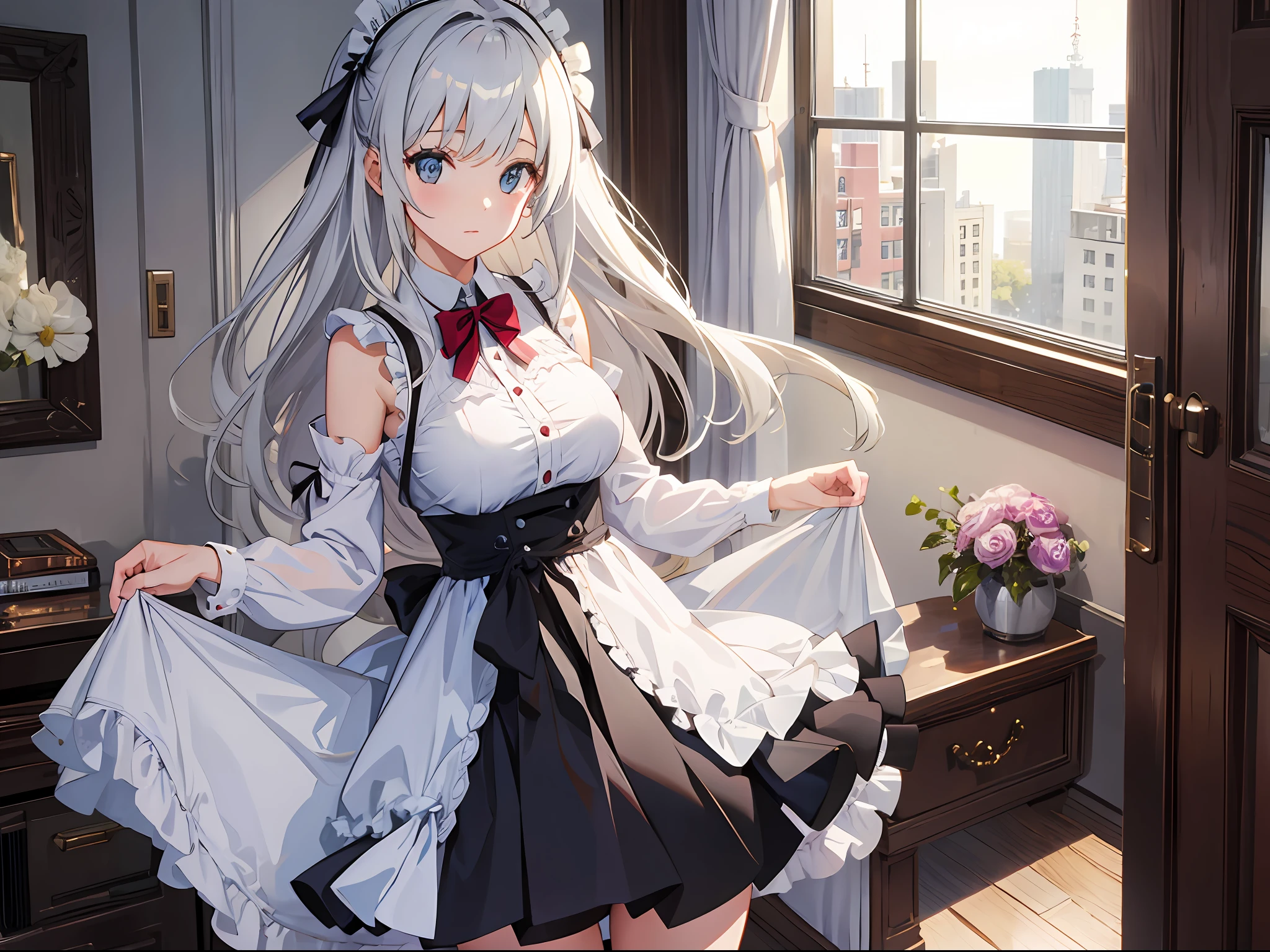 1girl,Best_quality,Large_Breasts,highres,solo, panties, lift by self, dress,