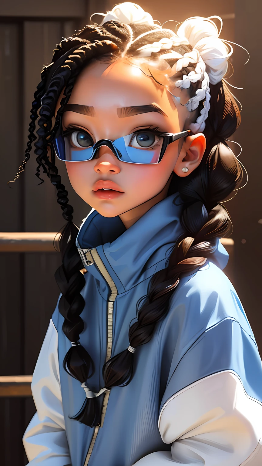 meninita e fofa, wearing goggles, moletom branco, babyface, estilo chibi, cabelo vermelho e azul de duas cores, braided hair ponytail, olhos de detalhe perfeito, rosto delicado, CG perfeito, qualidade de imagem HD,
