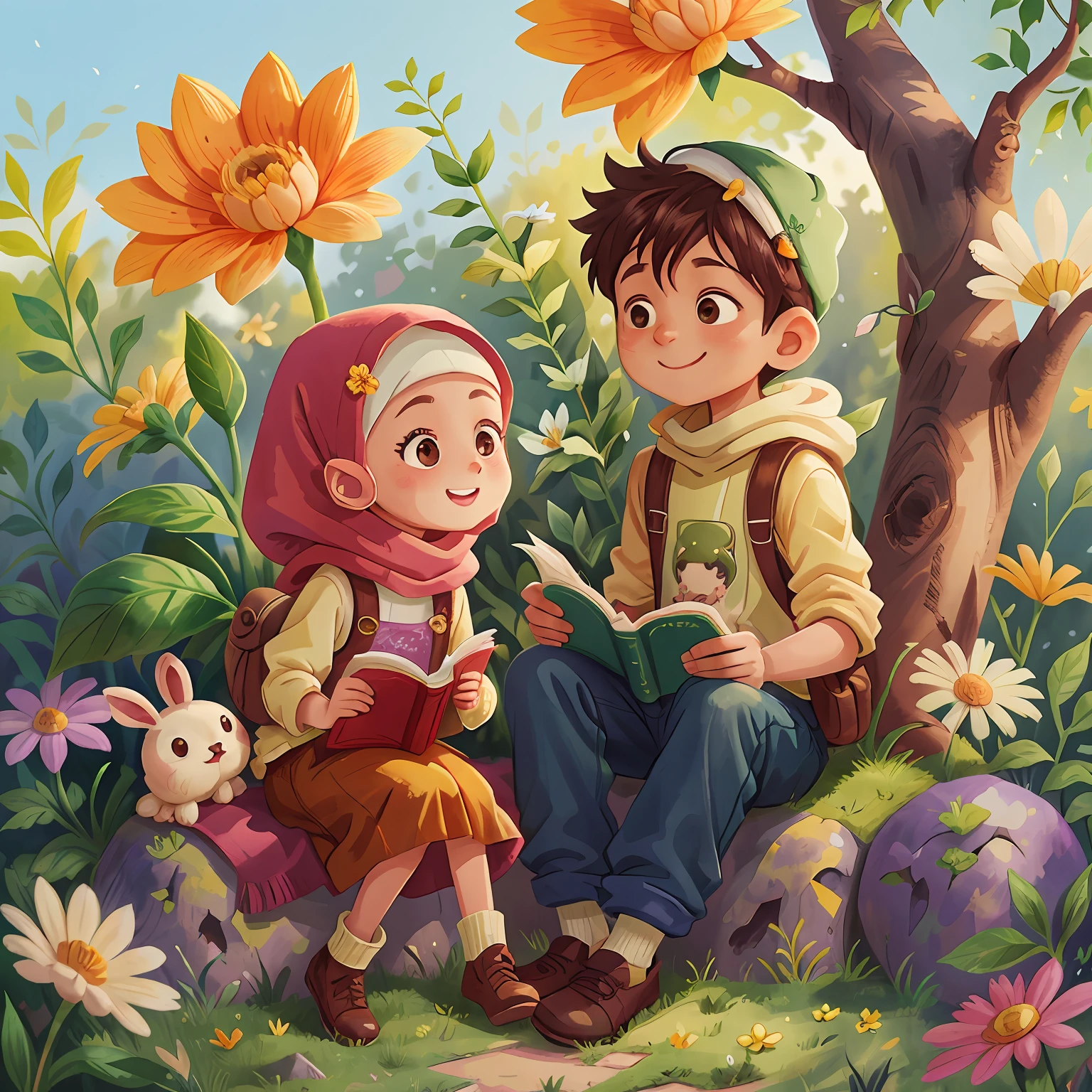 A boy and a hijab girl read a book, flowers garden, sitting in a tree, smile, with his rabbit, Watercolor, full body view, perfect quality, (masterpiece: 1.2) (Bokeh background) (Best quality) (Detailed Skin: 1.3) (Intricate Details) (8K) (Detail Eyes) (Sharp Focus), (Happy), best lighting