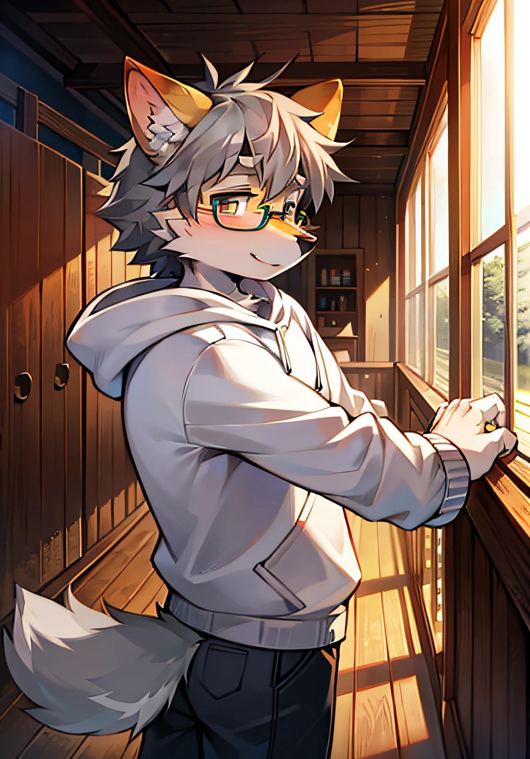 (Bright environment:0.8),eyes with brightness, The upper part of the body, Character focus.(detailedbackground:0.7), adolable,furry men,Young age,The head is on the large side,shaggy male,Sunny and cheerful,wearing black rimmed glasses,White sweatshirt,coyote,(canid,Shota,Normal standing posture)Stable and secure,Gray hair,Gray fur,