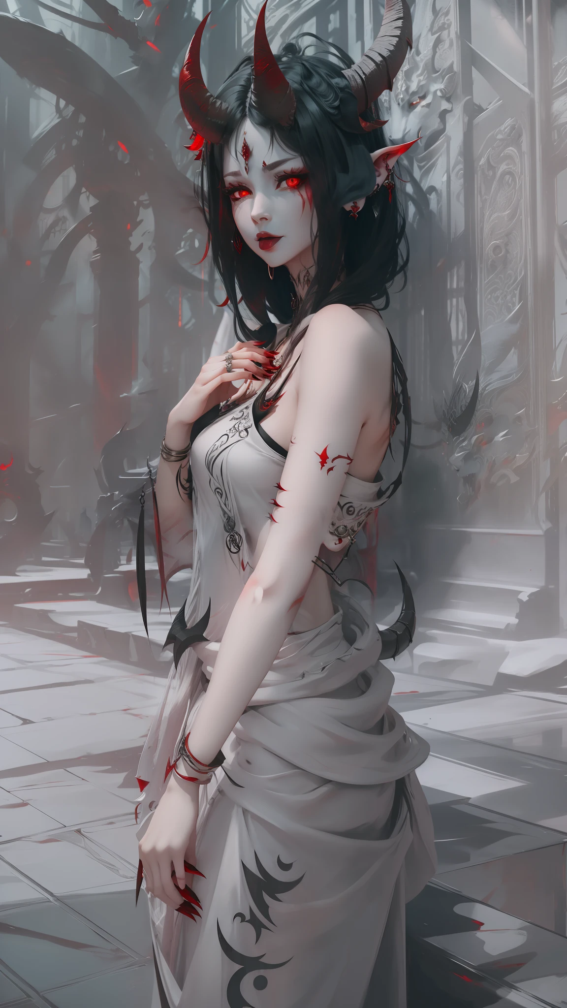 Demon, horns, and a red forked tongue.red eyes and earrings on the ears. With long, black claws, best quality , masterpiece, high resolution, 4k