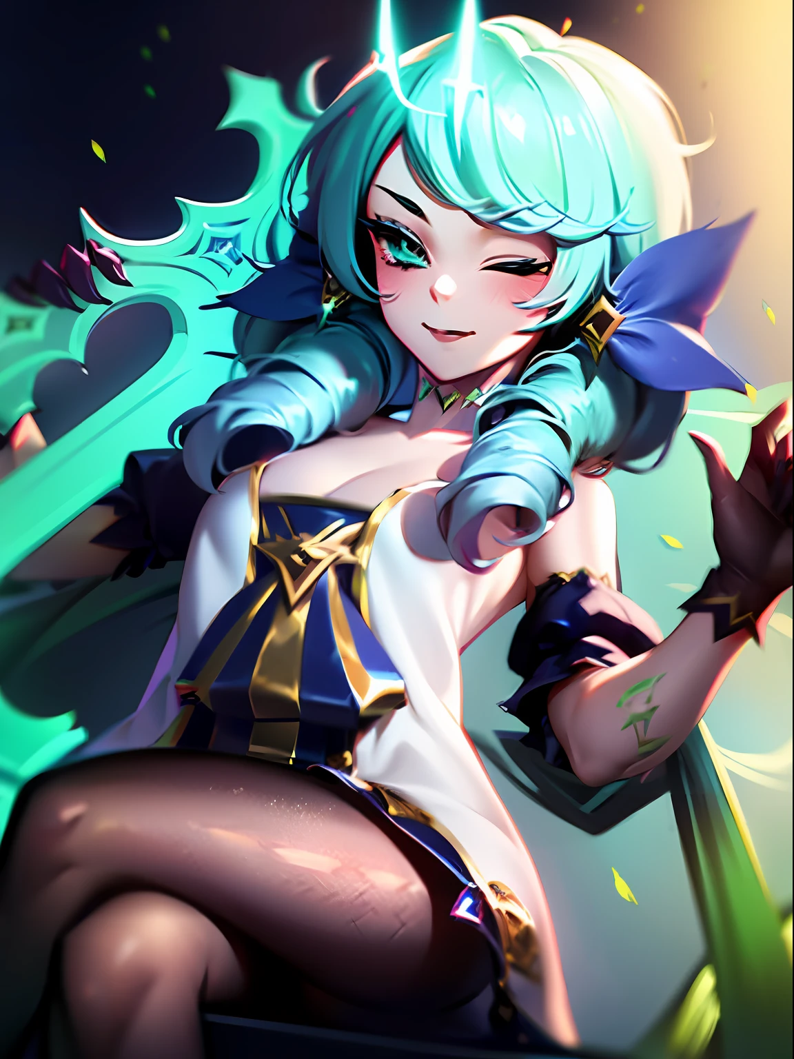 League of Legends Gwen, Viego's crown, Green Viego crown, Viego crown, Ruination crown, Possessed by Viego, Green crown, SFW, winking, one eye closed, Gwen's dress, Gwen's outfit, Gwen's hair, Gwen's gloves, Gwen's leggings, Blue hair, mouth closed, closed mouth smile, looking at viewer, 8k, masterpiece, ultrasharp, blush, red blush, peace sign, peace sign over closed eye, V sign, V sign over eye, victory sign, victory sign over eye, peace sign over right eye, sitting down, legs crossed, crossed legs, right leg over left leg, normal hands, 5 fingers