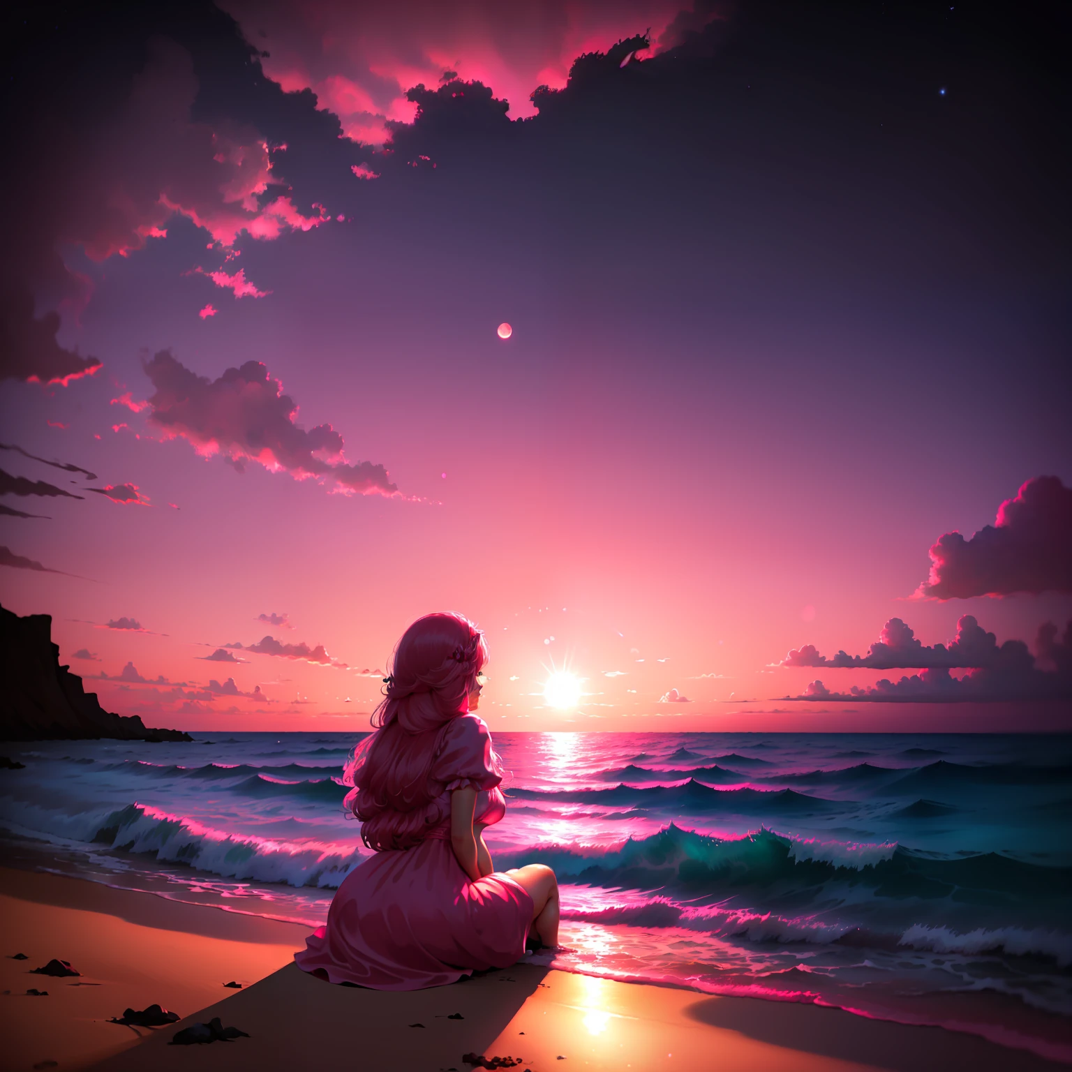 (fondo:Luna rosa, cielo rosa, Nubes rosadas suaves, Bright pink ocean waves, chispeante, Rosas rosadas en Pink Ocean, fantasy, diamante, corona, universo, Luces suaves),girl on a beach,2b sitting,