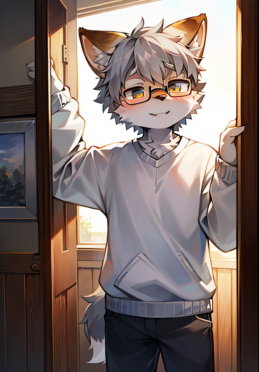 (Bright environment:0.8),eyes with brightness, The upper part of the body, Character focus.(detailedbackground:0.7), adolable,furry men,Young age,The head is on the large side,shaggy male,Sunny and cheerful,wearing black rimmed glasses,White sweatshirt,coyote,(canid,Shota,Normal standing posture)Stable and secure,Gray hair,Gray fur,