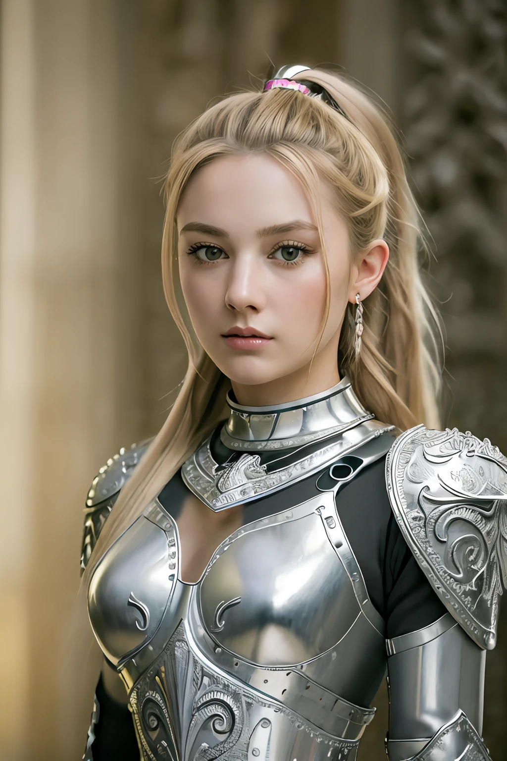 (8K, best quality:1.2), (masterpiece:1.37), (photo, photorealistic:1.37), (ultrahigh-res), full body, walking pose, shot from front, slow motion, female paladin wearing the full body, (light silver armour:1.2),(ornately decorated armor), (insanely detailed, bloom:1.5), (highest quality, Alessandro Casagrande, Greg Rutkowski, Sally Mann, concept art, 4k), (analog:1.2), (high sharpness), (detailed pupils:1.1), detailed face and eyes, Masterpiece, best quality, (highly detailed photo:1.1), (long blonde Hair, ponytail,ecstatic:1.1), (young woman:1.1), sharp, (perfect body:1.1), realistic, real shadow, 3d, (temple background:1.2), (by Michelangelo), photographed by Canan EOS R6, 135mm, 1/1250s, f/2.8, ISO 400