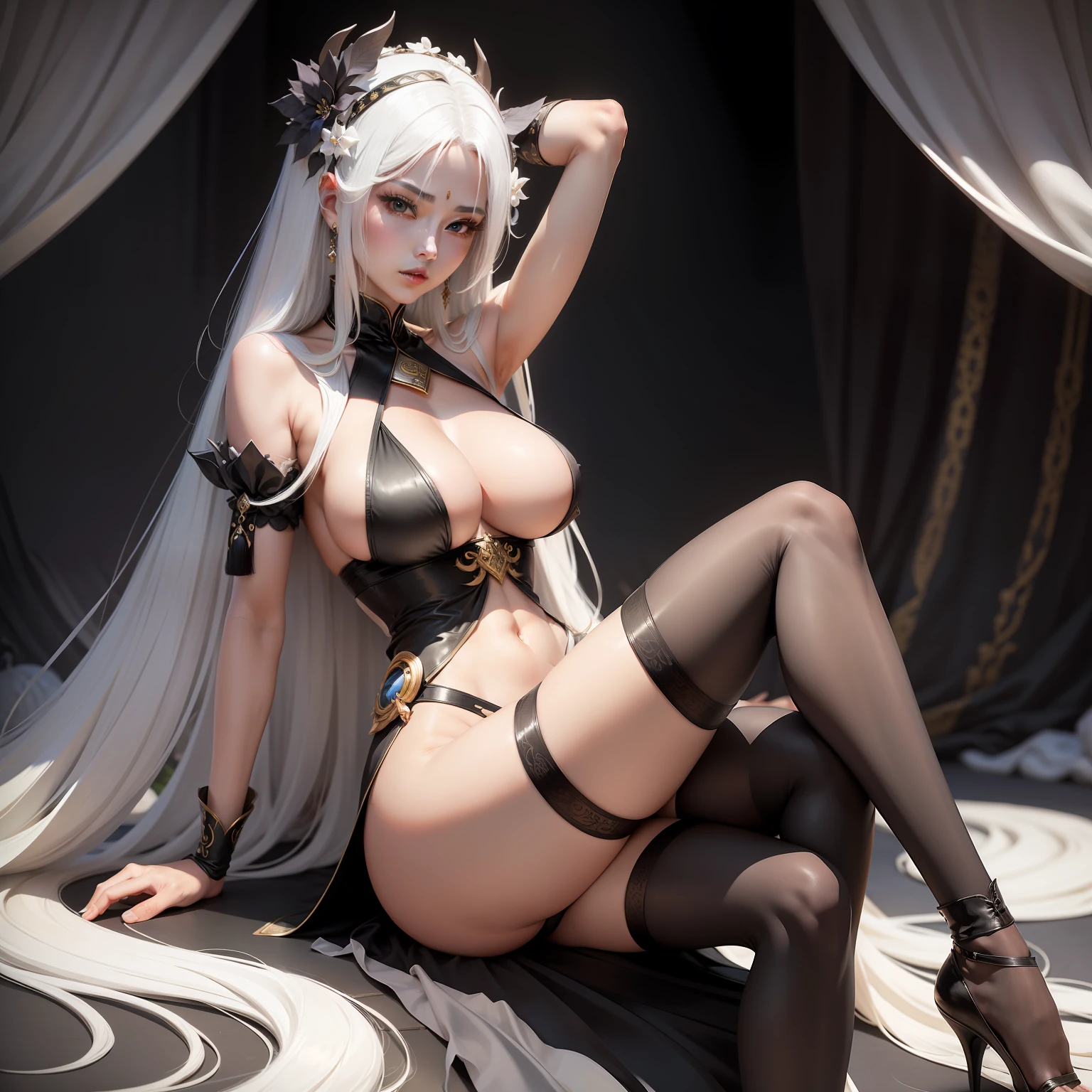 the original god，nakeness，huge tit，Black silk long legs，Royal sister，Woman，white color hair，looki at viewer，Shen He，seductiv