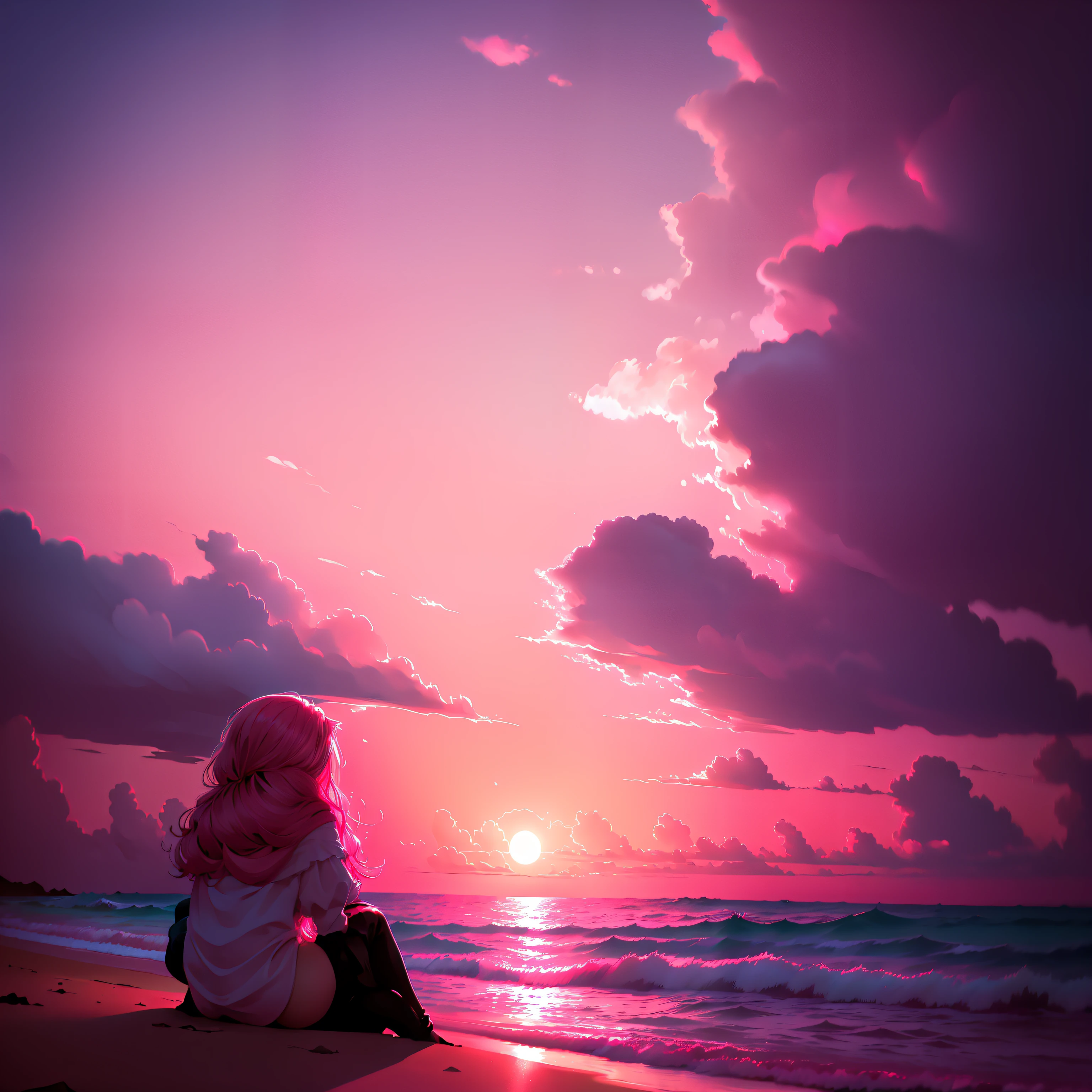 (fondo:Luna rosa, cielo rosa, Nubes rosadas suaves, Bright pink ocean waves, chispeante, Rosas rosadas en Pink Ocean, fantasy, diamante, corona, universo, Luces suaves),girl on a beach,2b sitting,