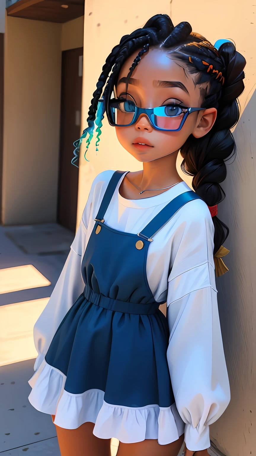 Loli menina, bonita e fofa, wearing goggles, vestido branco com detalhes, babyface, estilo chibi, cabelo vermelho e azul de duas cores, braided hair ponytail, olhos de detalhe perfeito, rosto delicado, CG perfeito, qualidade de imagem HD,