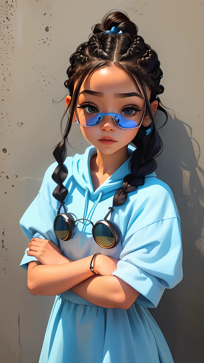 Loli menina, bonita e fofa, wearing goggles, vestido branco com detalhes, babyface, estilo chibi, cabelo vermelho e azul de duas cores, braided hair ponytail, olhos de detalhe perfeito, rosto delicado, CG perfeito, qualidade de imagem HD,