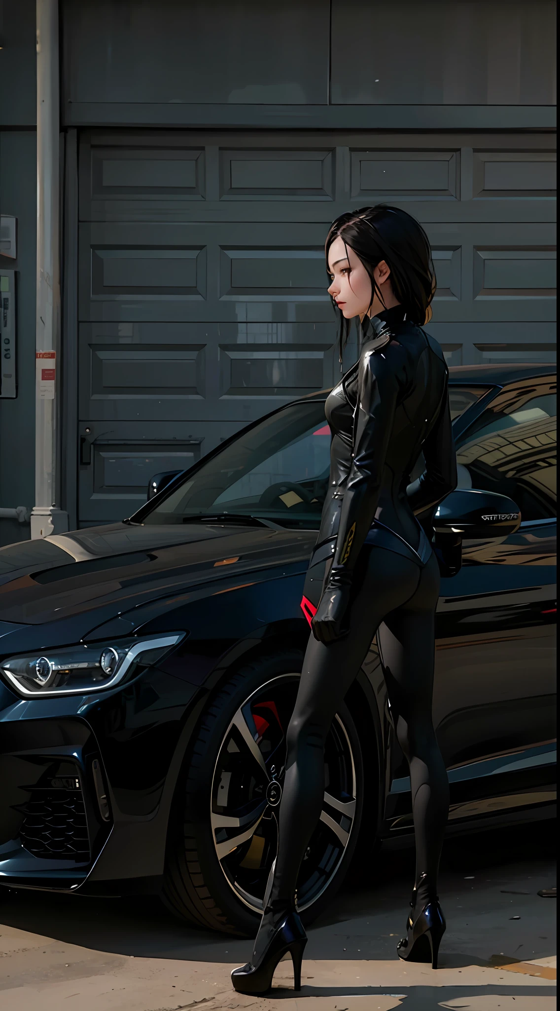 Alafis in a wetsuit stands next to a car in the driveway, in front of a garage, aeon flux style, Black car, Inspired by Li Tang, heroines, trinity from the matrix, Inspired by Feng Zhu, inspired by Zhu Da, cinematic front shot, vehicle concept photo!!, as a character from gtav