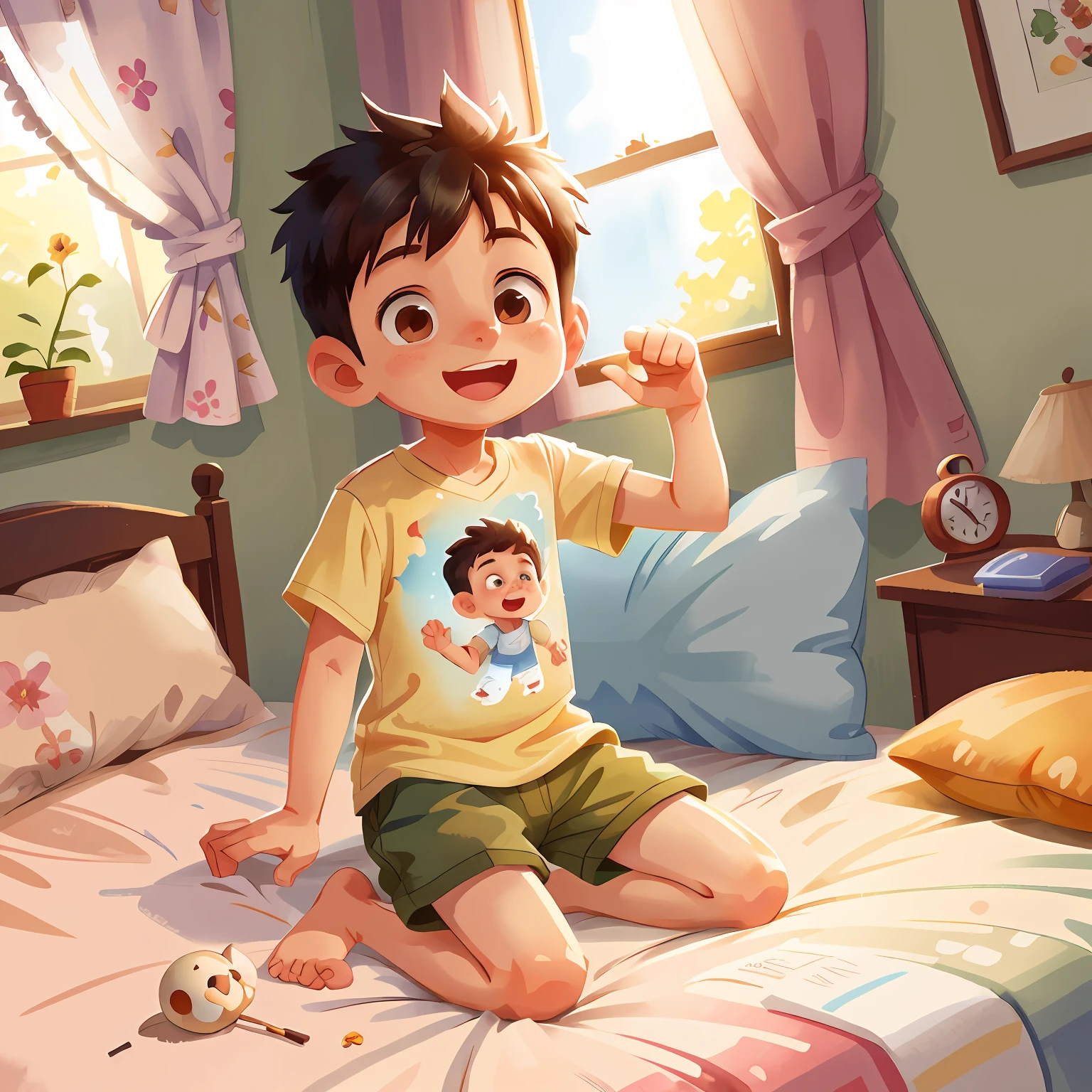 A boy wakeup in the morning, in bed, window, sunrise, smile, Watercolor, full body view, perfect quality, (masterpiece: 1.2)  (Bokeh background) (Best quality) (Detailed Skin: 1.3) (Intricate Details) (8K) (Detail Eyes) (Sharp Focus), (Happy), best lighting