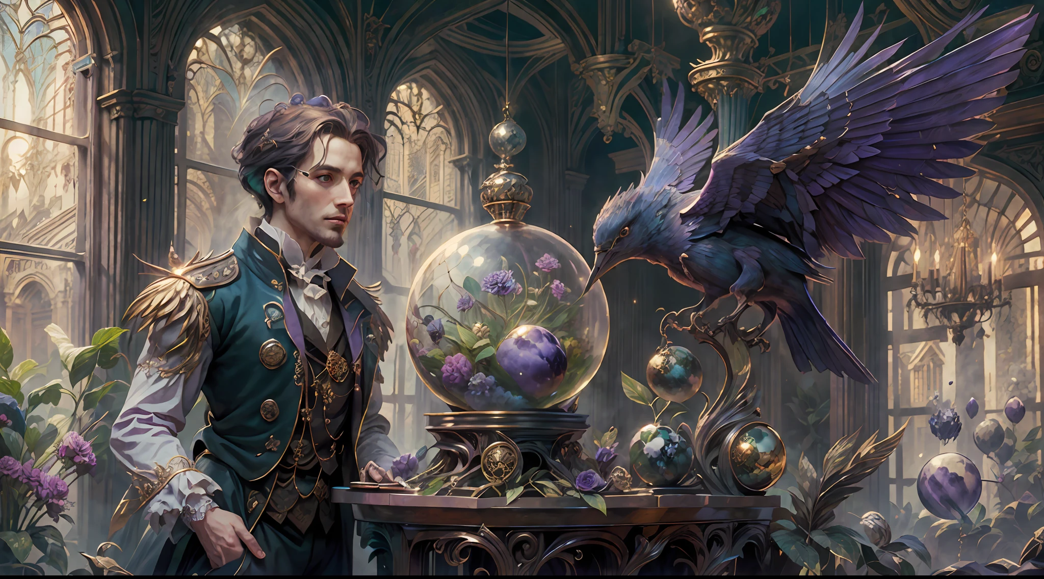 a young, A handsome and beautiful aristocratic couple ran a magic shop during the steam magic era,head looking up,florals,The bird,A plant,crystal sphere,magic item,victorian aristocrat,purple flower,ultra-realistic realism